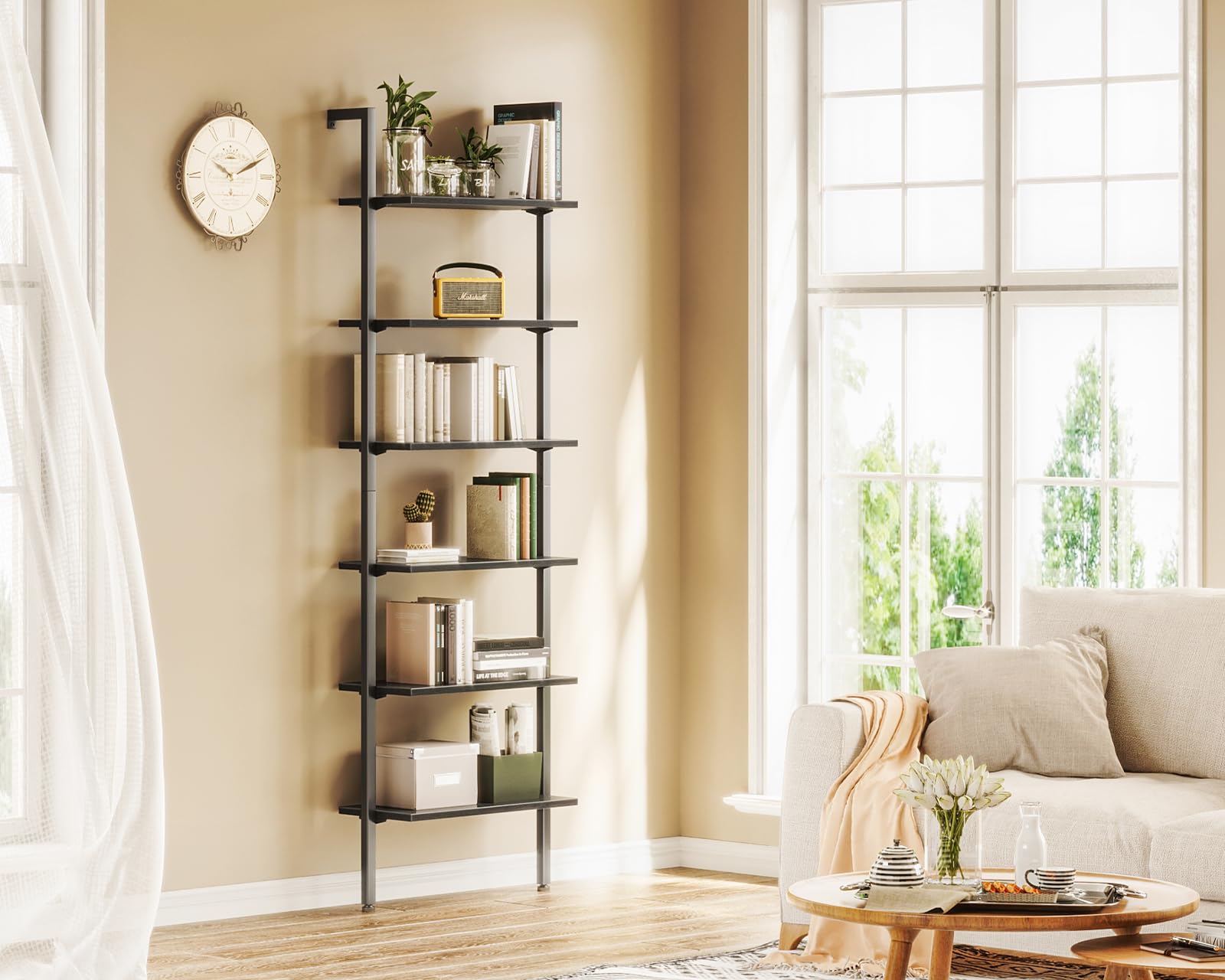 ODK 6-Tier Ladder Shelf - 87 Inch Tall Wall Mounted Industrial Bookshelf with Sturdy Metal Frame, Open Storage Shelves for Home Office, Bedroom & Living Room - Black (Perfect for Displaying Books, Decor & Organizing Small Spaces)