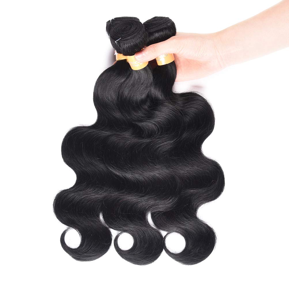 WOME Brazilian Human Hair Bundles 100% Natural Black Body Wave Hair Weaves - 3 Bundles Human Hair Extensions (16