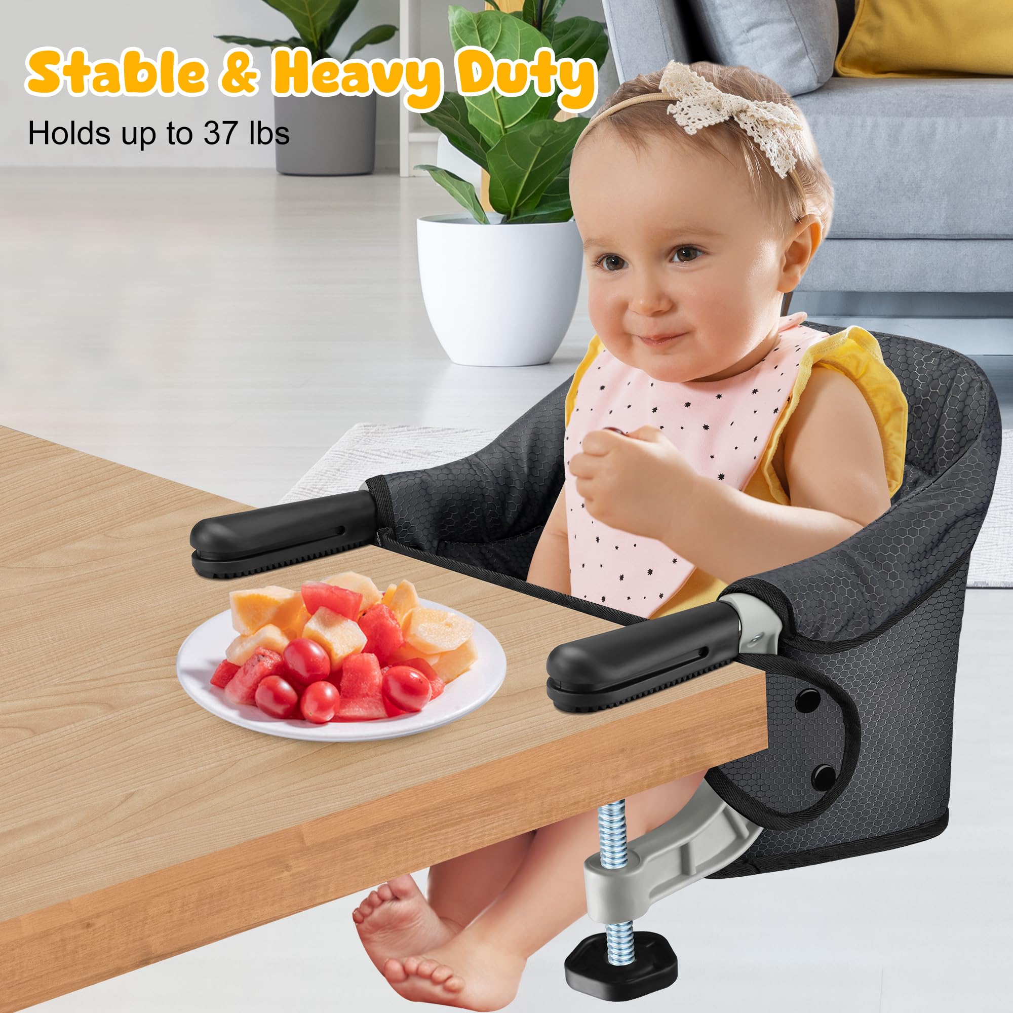 **Hook On Chair - Safe & High Load Baby High Chair with Fold-Flat Storage, Secure Table Clip & Removable Cushion - Portable Travel Dining Chair for Restaurants, Kitchens & Outdoor Use (Black)**