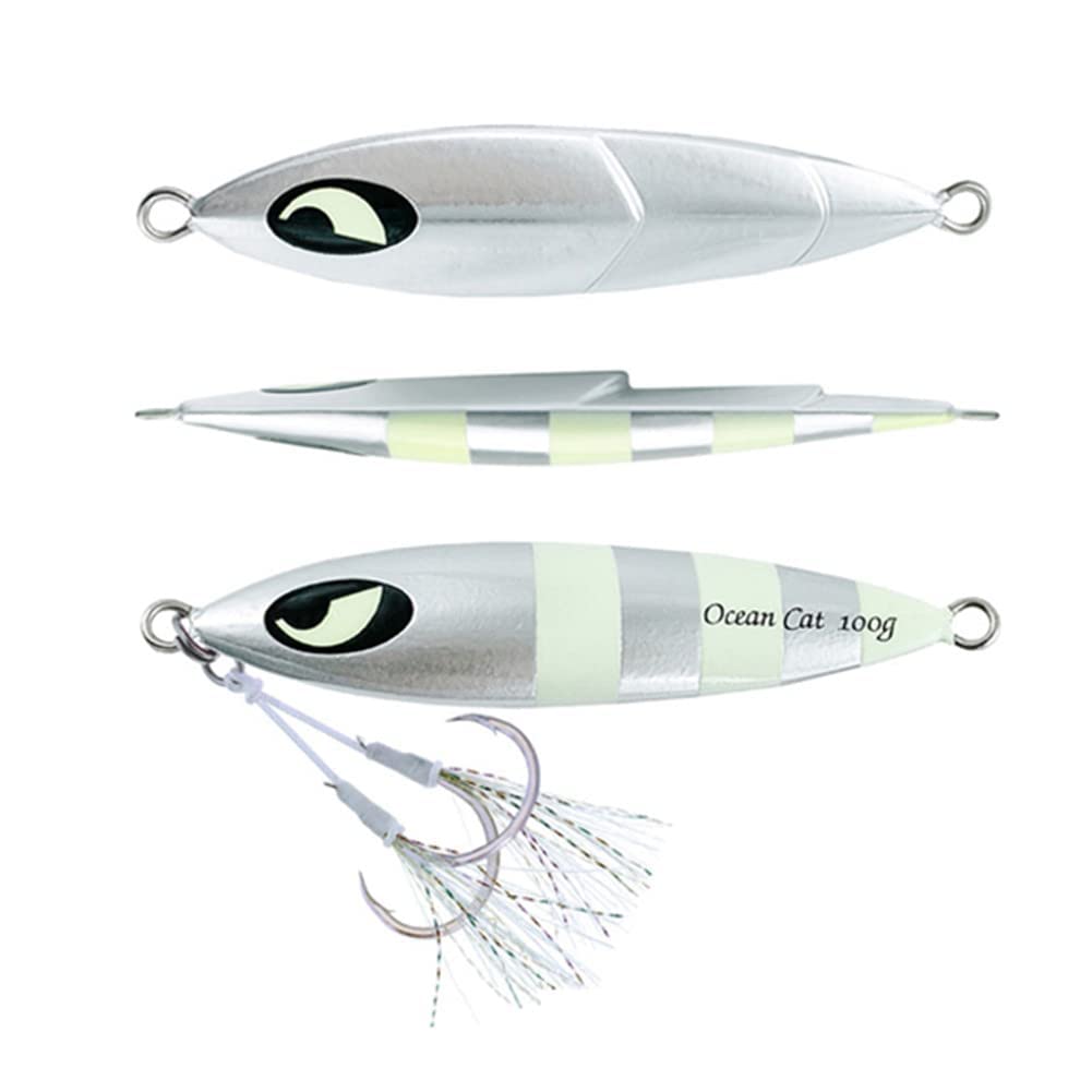 OCEAN CAT Slow Sinking Metal Jig Lures with Hook - 1PC Lead Flat Jigging Bait for Saltwater Fishing | Perfect for Deep Sea, Pier & Shoreline Angling