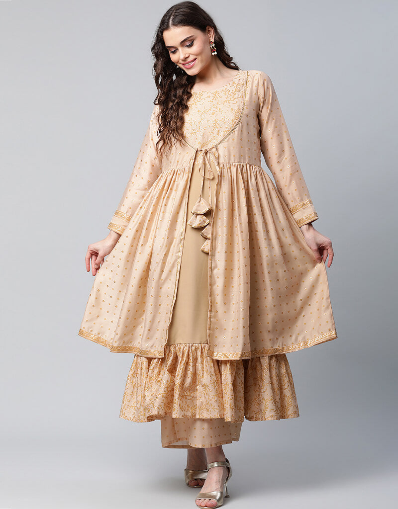 Elegant Beige Chanderi Salwar Suit with Palazzo Pants - Perfect for Weddings, Festivals & Special Occasions