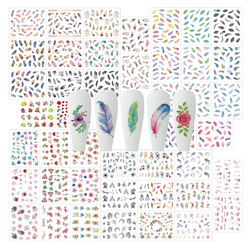 WOKOTO 44 Sheets 3D Feather Nail Art Stickers - Self-Adhesive Nail Decals with Flowers & Animals Designs for Women & Girls - Perfect for Acrylic Nails, Manicures, Nail Salons & DIY Home Nail Art
