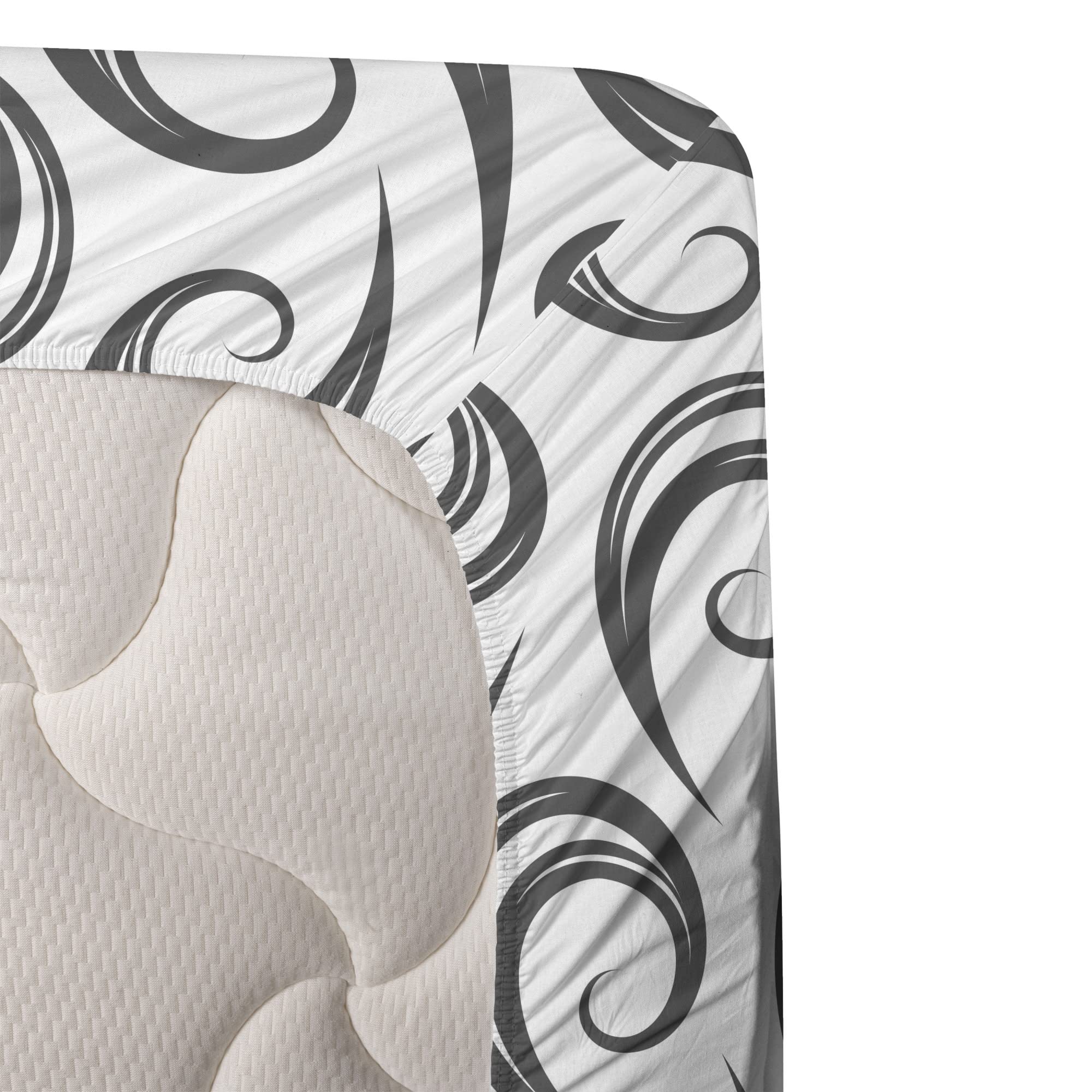 Ambesonne Abstract Sheet Set - Rhythmic Curly Waves Spirals Design, 3-Piece Bedding Set with Fitted Sheet, Flat Sheet & Pillowcase, Twin Size, White Dark Taupe Grey - Perfect for Modern Bedrooms, Guest Rooms & Dorm Decor