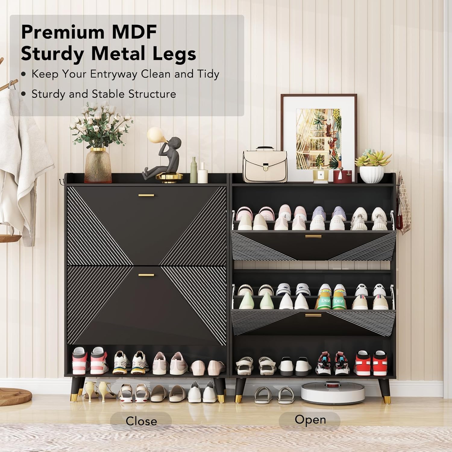 Black Wooden Shoe Storage Cabinet with Coat Hooks - Slim Entryway Shoe Organizer with 2 Flip Drawers & Hidden Doors - Perfect for Small Spaces, Hallways & Apartment Entry Organization
