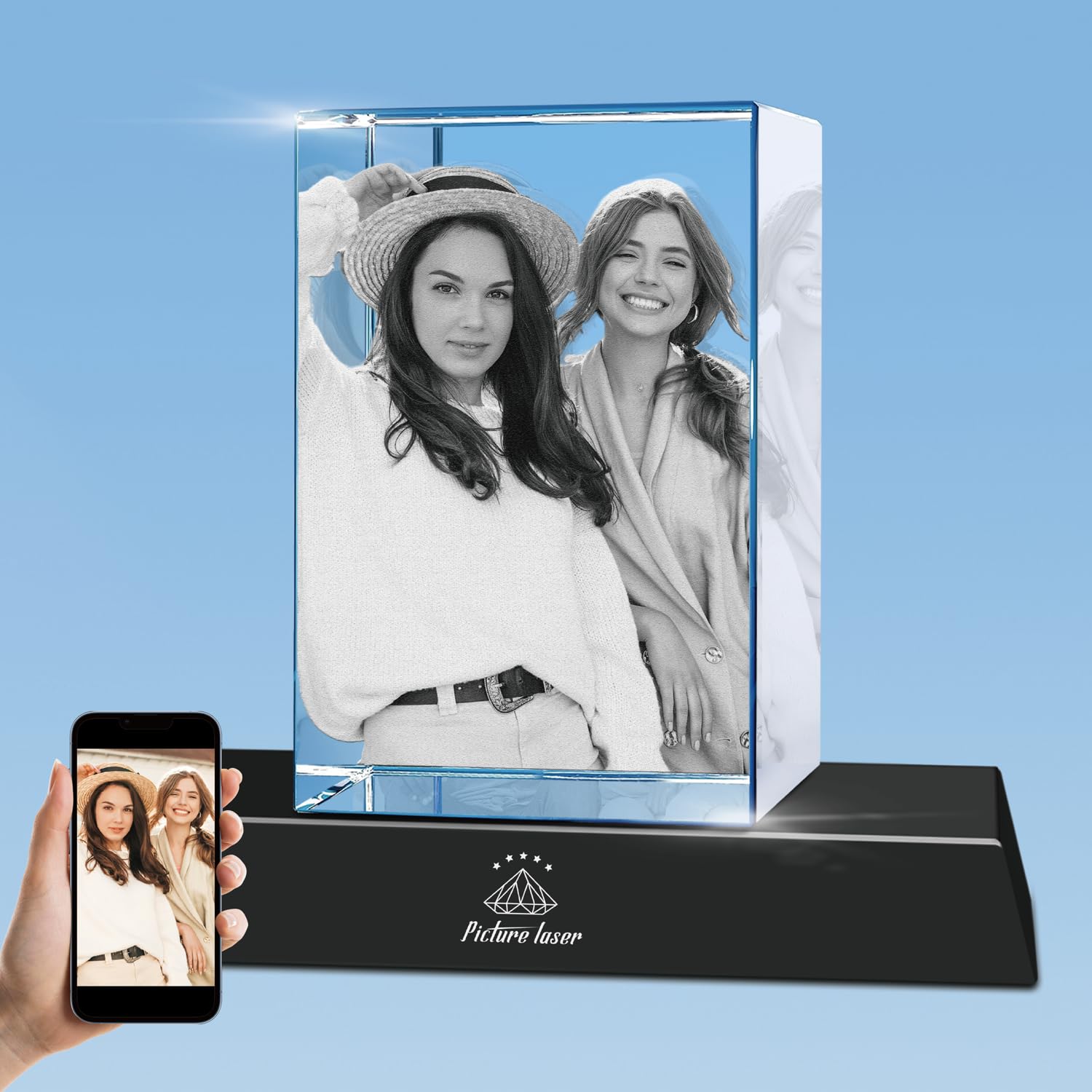 3D Crystal Photo with LED Light Base - Personalized Custom Engraved Gift with Your Own Picture - Laser 3D Crystal Engraving for Anniversary, Wedding, Birthday - Large Size for Home & Office Decor
