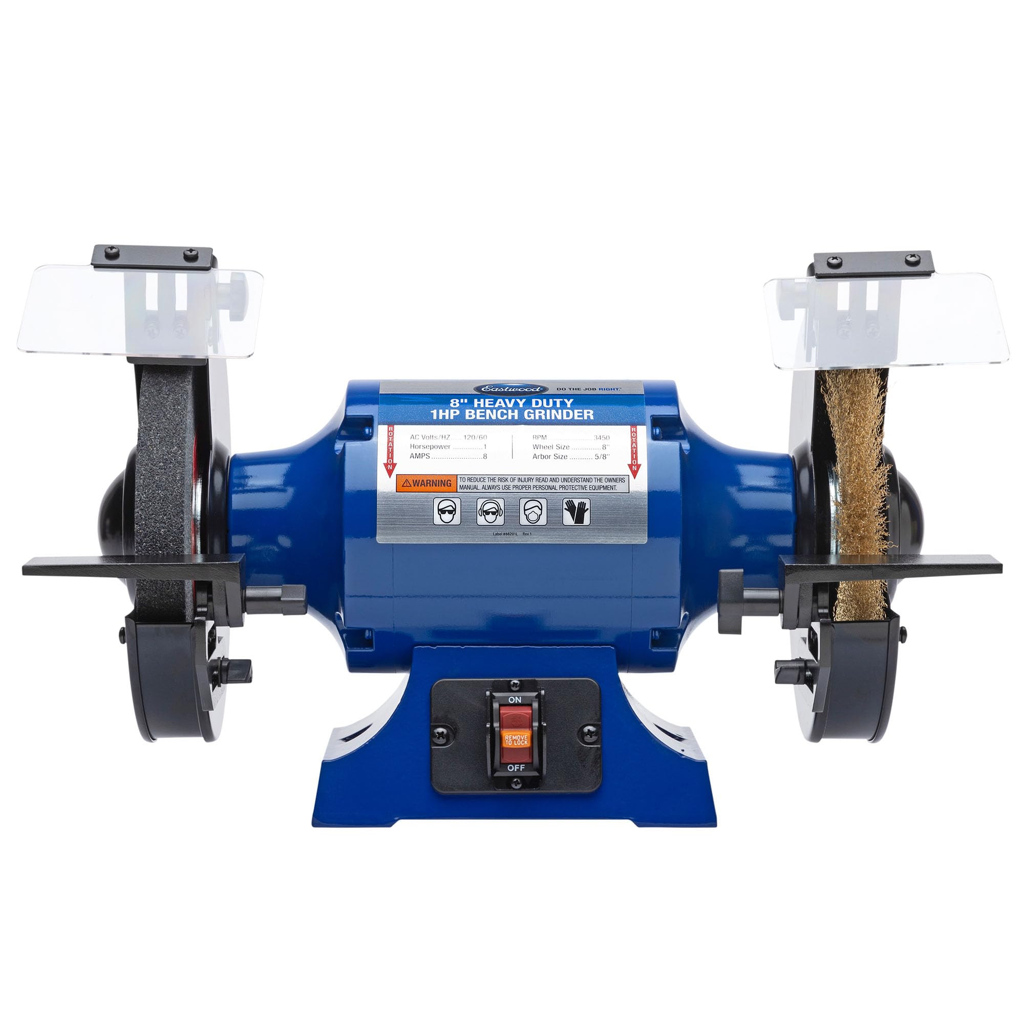 Eastwood 8 Inch Heavy Duty 1HP Bench Grinder - Industrial Grade High Precision Grinding Machine with 3450 RPM Motor | Includes 8