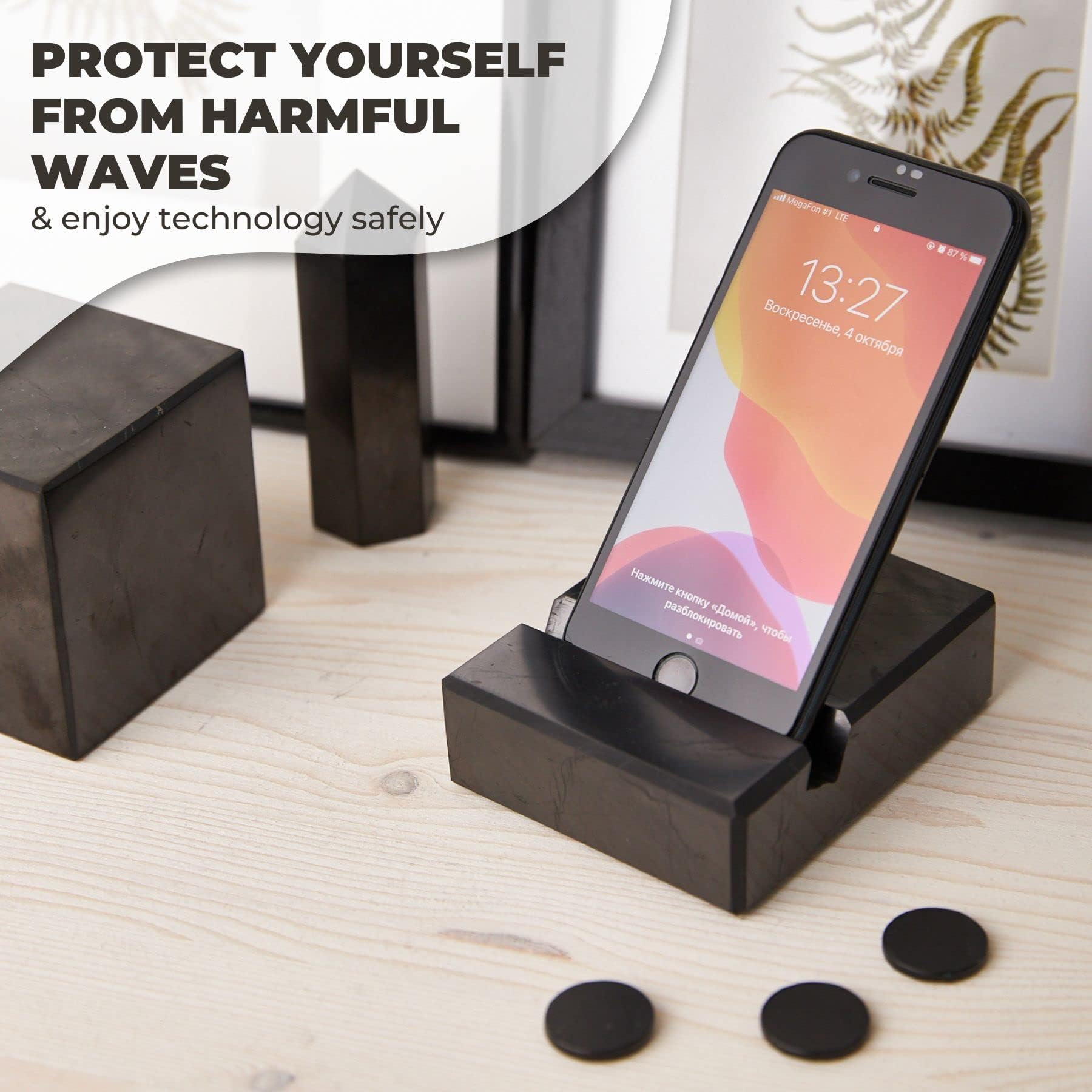 Shungite Phone Stand - Black Polished Shield for Home & Office