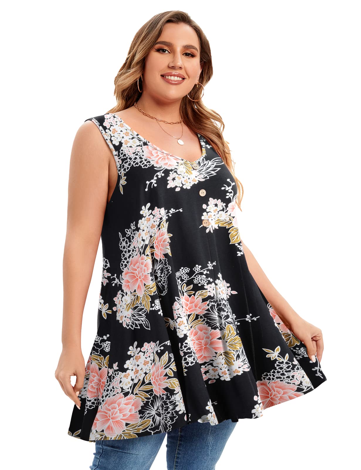 Plus Size Women's V Neck Button Down Tank Top - Casual Flowy Sleeveless Summer Tunic Shirt for Beach, Vacation & Everyday Wear