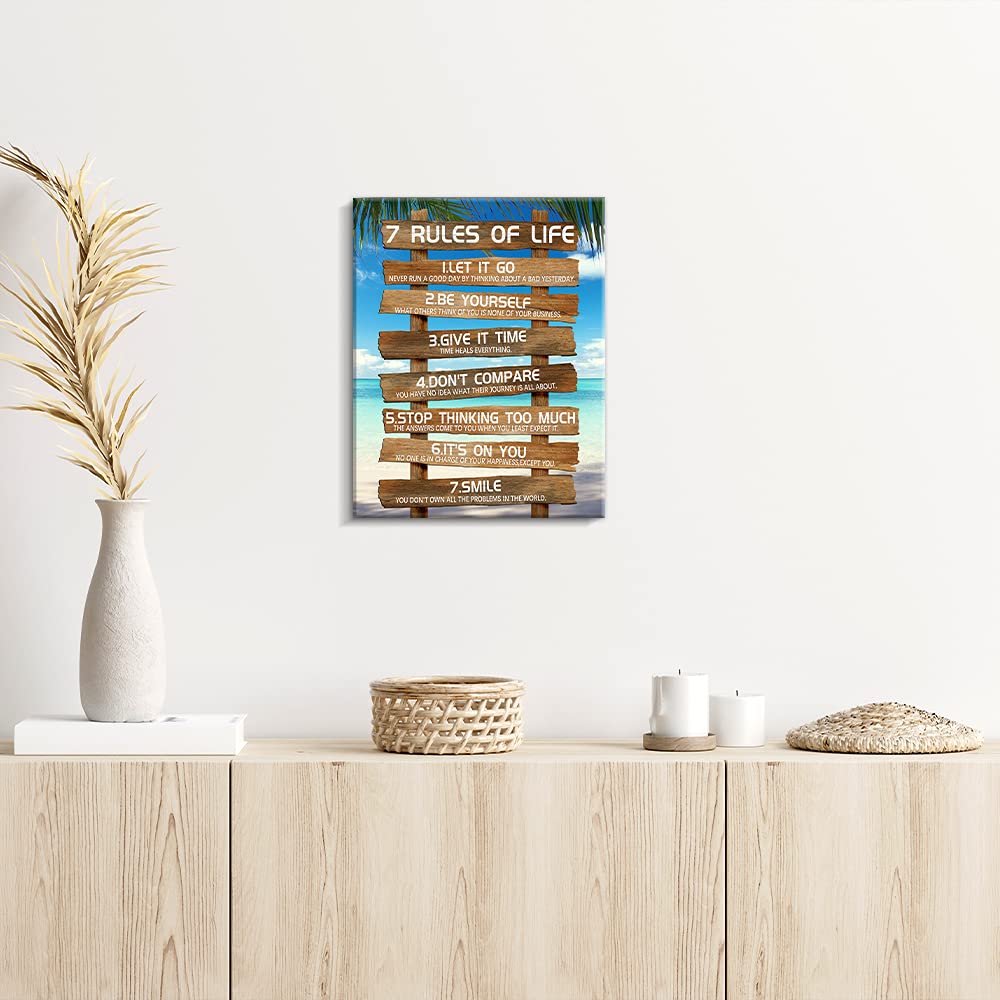 Kas Home 7 Rules of Life Motivational Canvas Wall Art - 12x15 Inch Rustic Framed Inspirational Decor with Beach Quotes for Living Room, Bedroom, Bathroom - Perfect Housewarming Gift & Positive Home Office Decor (Brown)
