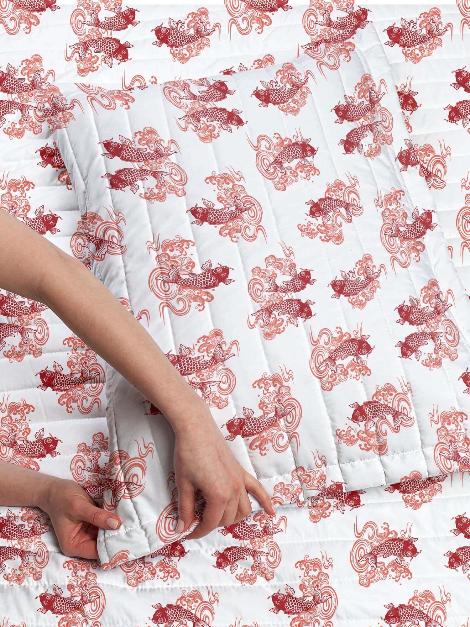 Lunarable Japanese Microfiber Koi Fish Bedspread Set - Underwater Lake Pattern Art Print, Soft Twin Size Bedding with Pillow Sham & Comforter in Dark Orange White | Perfect for Zen Bedrooms, Asian-Themed Decor, and Spa Retreats