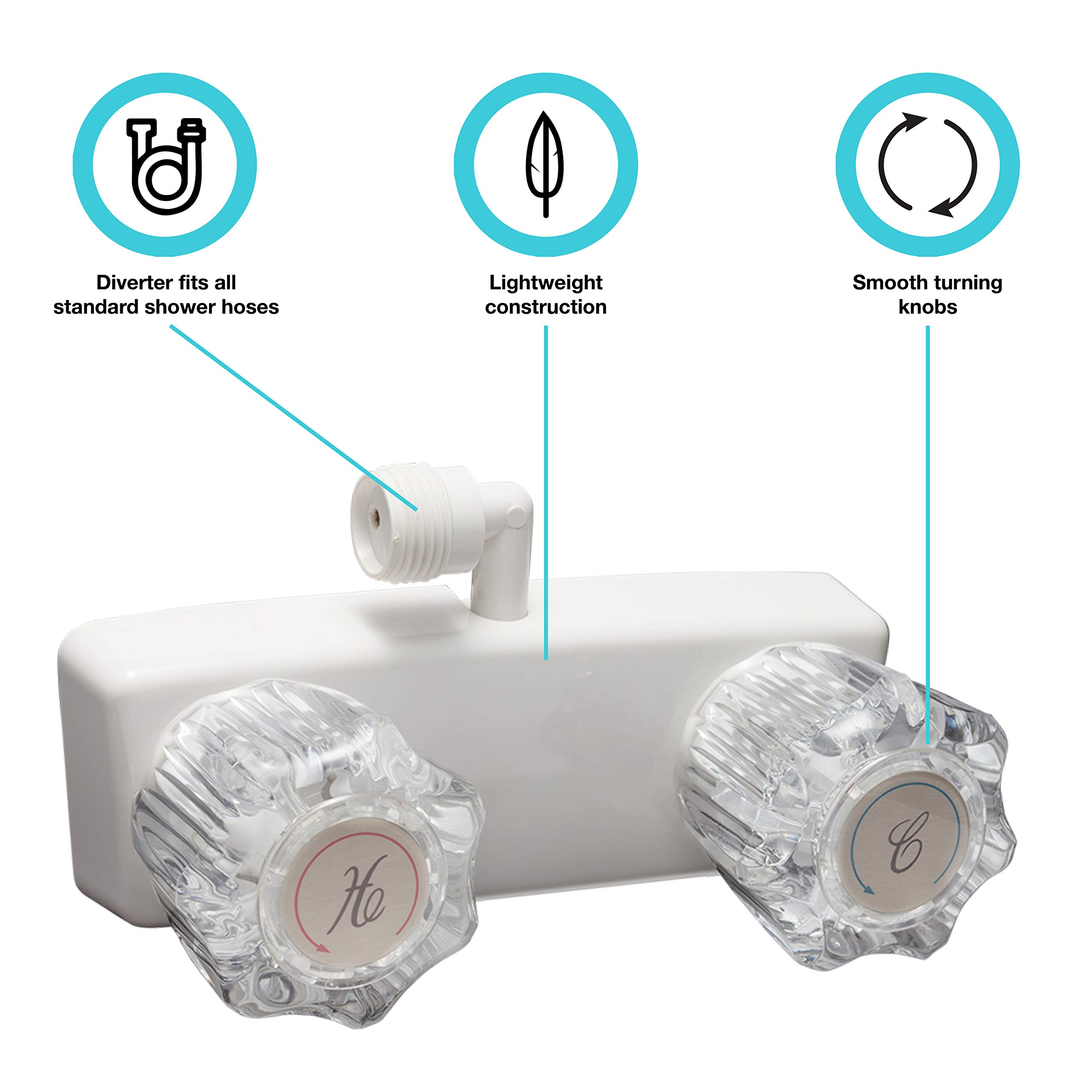 Dura Faucet DF-SA100A1-WT RV Shower Faucet Valve Diverter with 2 Knobs - White - Perfect for Exterior Shower Boxes, Camper Trailers & Outdoor Showers