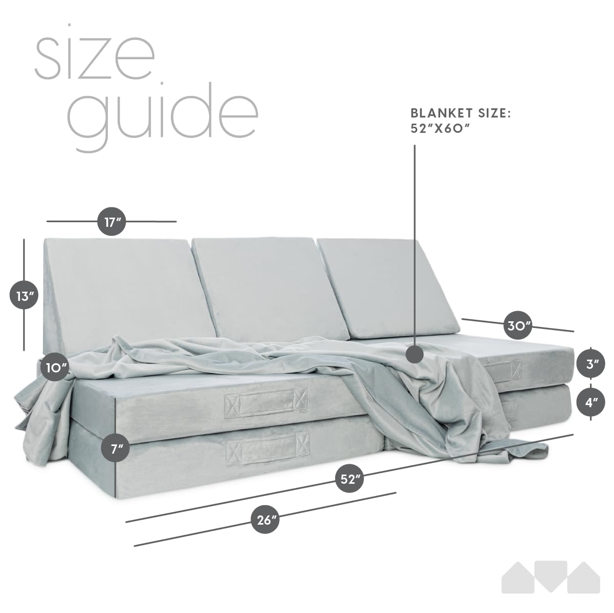 Milliard Kids 7-Piece Modular Sectional Sofa - Soft Washable Grey Velour Foam Play Couch for Toddlers with Bonus Blanket - 52x30x20 Inches - Perfect for Playrooms, Bedrooms & Family Rooms - Durable Kids Furniture for Playtime, Reading & Relaxation