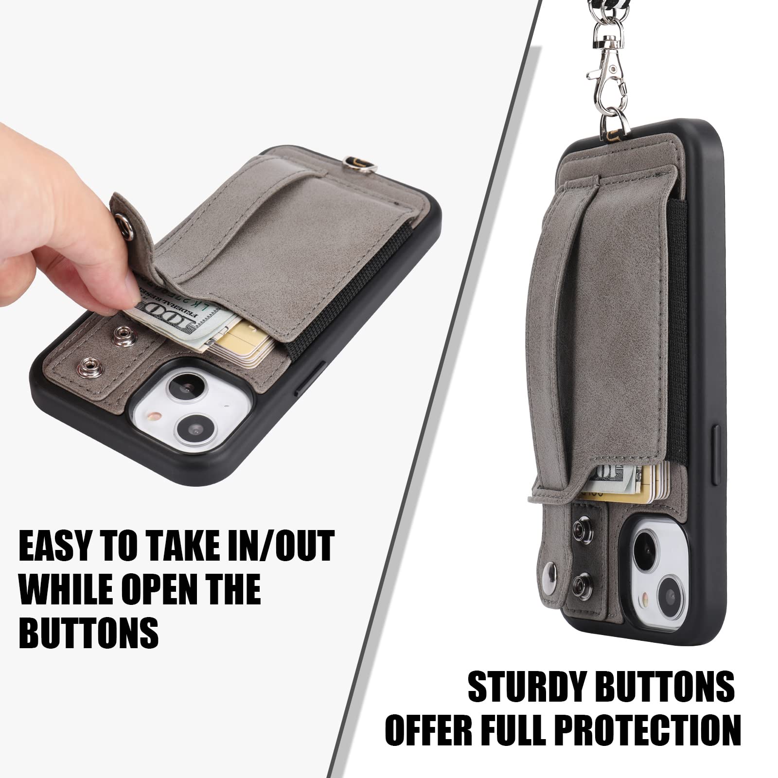 TOOVREN iPhone 13 Wallet Case with Card Holder & Phone Lanyard - PU Leather Protective Cover with Stand for iPhone 13 (6.1 Inch) - Slim Wallet Phone Case for Women & Men in Gray - Perfect for Travel, Shopping & Everyday Use
