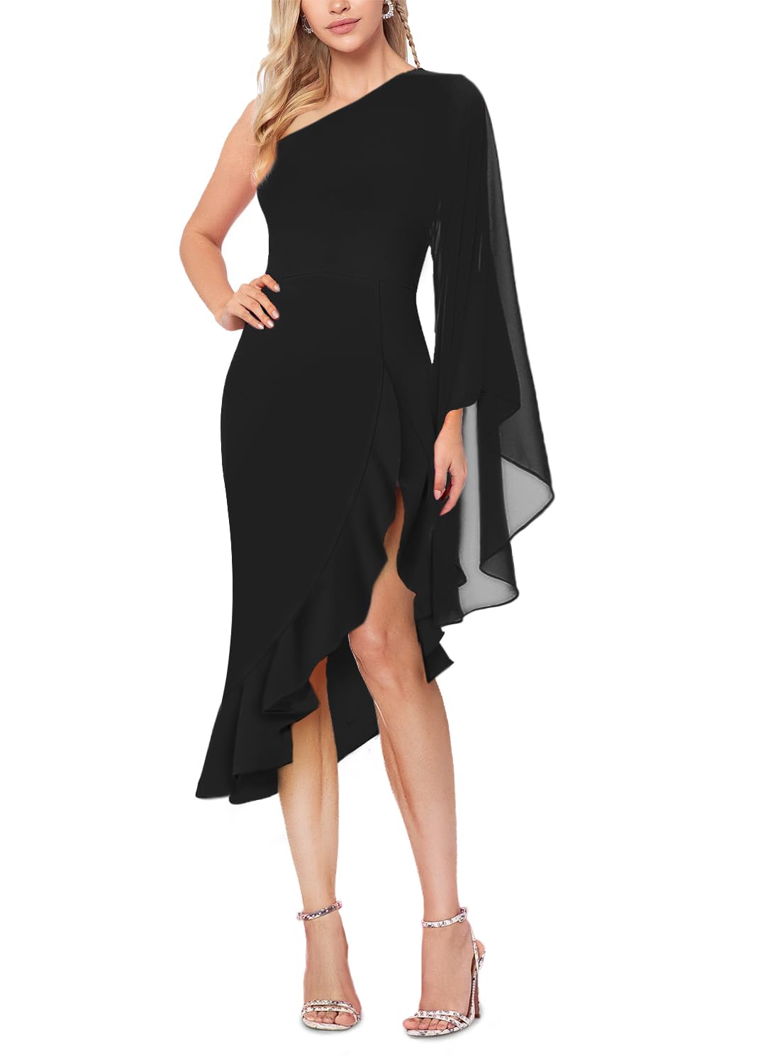 Lrady Women's One Shoulder Formal Dresses 2024 - Bell Sleeve Ruffle High Slit Bodycon Wedding Guest Party Pencil Midi Dress - Perfect for Cocktail Parties, Evening Events & Special Occasions