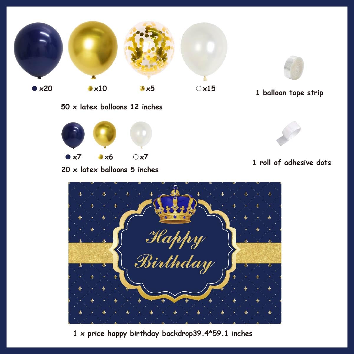 Royal Prince Birthday Decorations for Boys - Blue Balloon Garland Kit with Crown Balloons & Photography Backdrop | Perfect for Prince-Themed Birthday Parties, Baby Showers & Photo Shoots