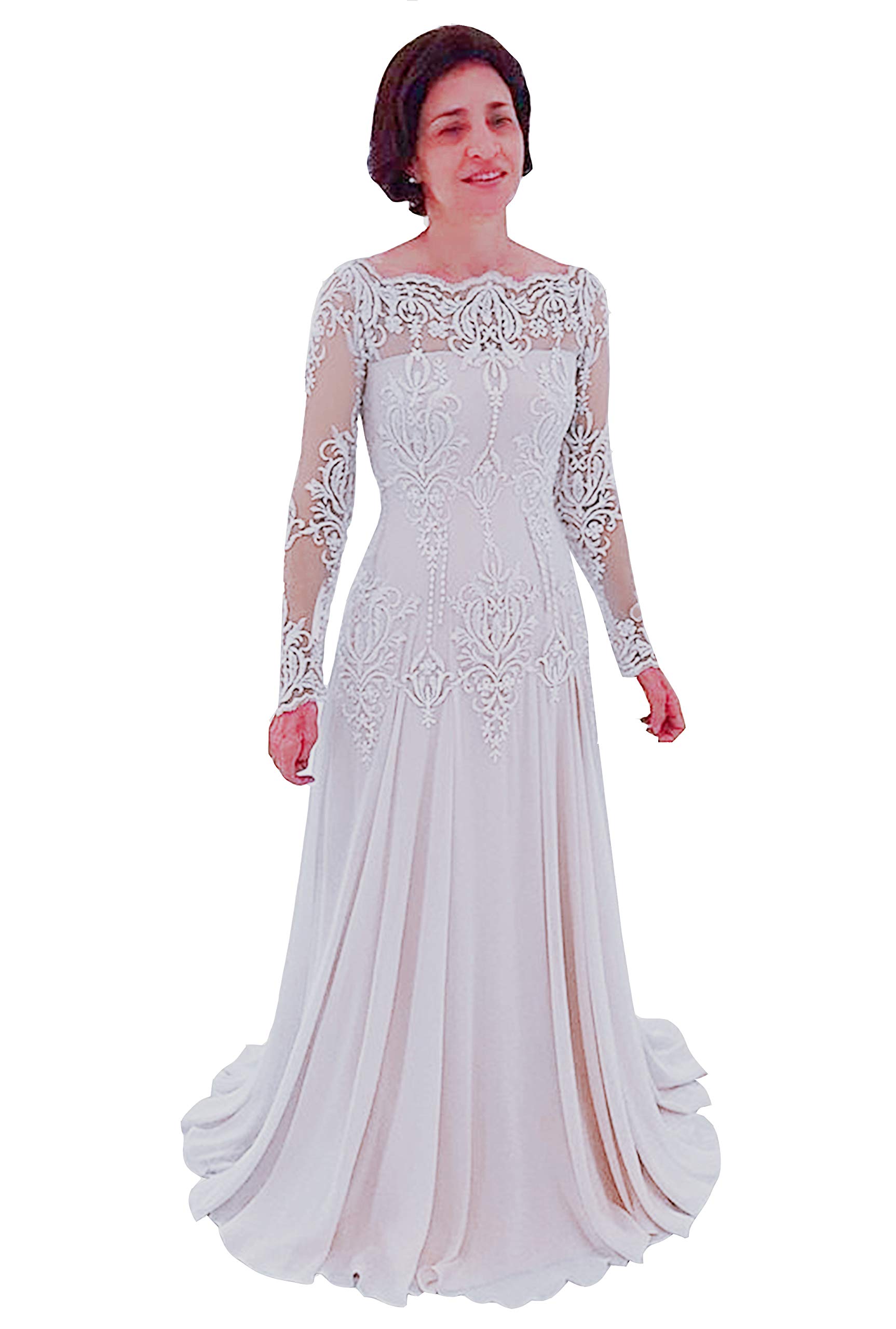 Honeydress Women's Long Sleeve Chiffon Wedding Dress - Off Shoulder Lace Embroidery Beaded Prom Gown for Mother of Bride (White) | Perfect for Weddings, Formal Events & Special Occasions