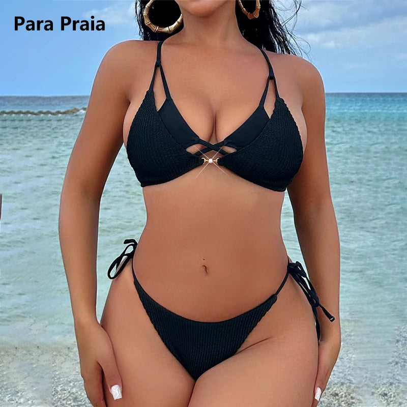 Sexy Black Halter Bikini Set - Brazilian Cut Out Swimwear for Women 2025 | Bandage Style Bathing Suit for Beach, Pool Party & Summer Vacation