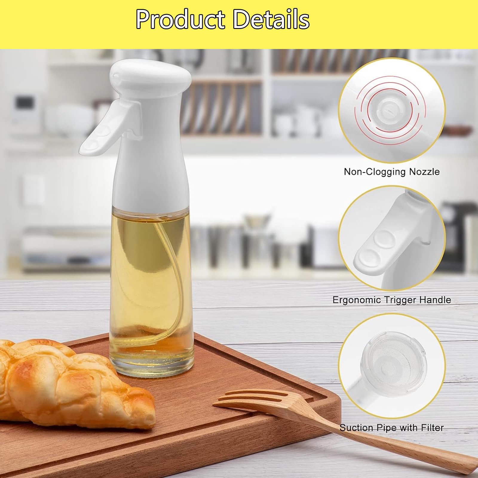Premium Olive Oil Sprayer for Cooking - 200ml Glass Oil Dispenser Bottle with Fine Mist Spray - Refillable Food Grade Oil & Vinegar Spritzer for Kitchen, Air Fryer, Salad, Grilling, Baking - Perfect for Healthy Cooking & Meal Prep (White)
