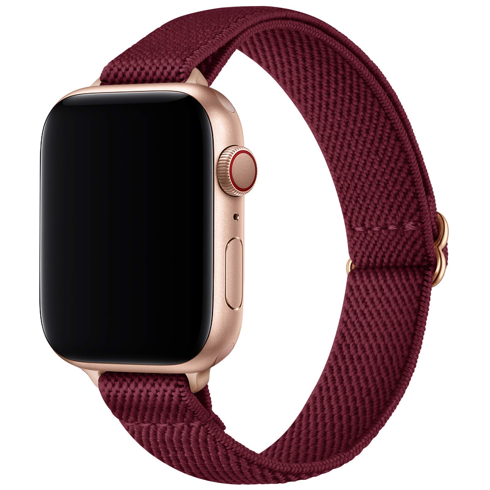 SICCIDEN Slim Stretchy Apple Watch Bands 38mm/40mm/41mm/42mm/44mm/45mm/46mm/49mm - Elastic Nylon Thin Strap Compatible with iWatch Ultra 2/1, SE & Series 10/9/8/7/6/5/4/3/2/1 - Women's Fashion Sport Band (Wine Red/Rose Gold) - Perfect for Workouts, Running & Everyday Wear