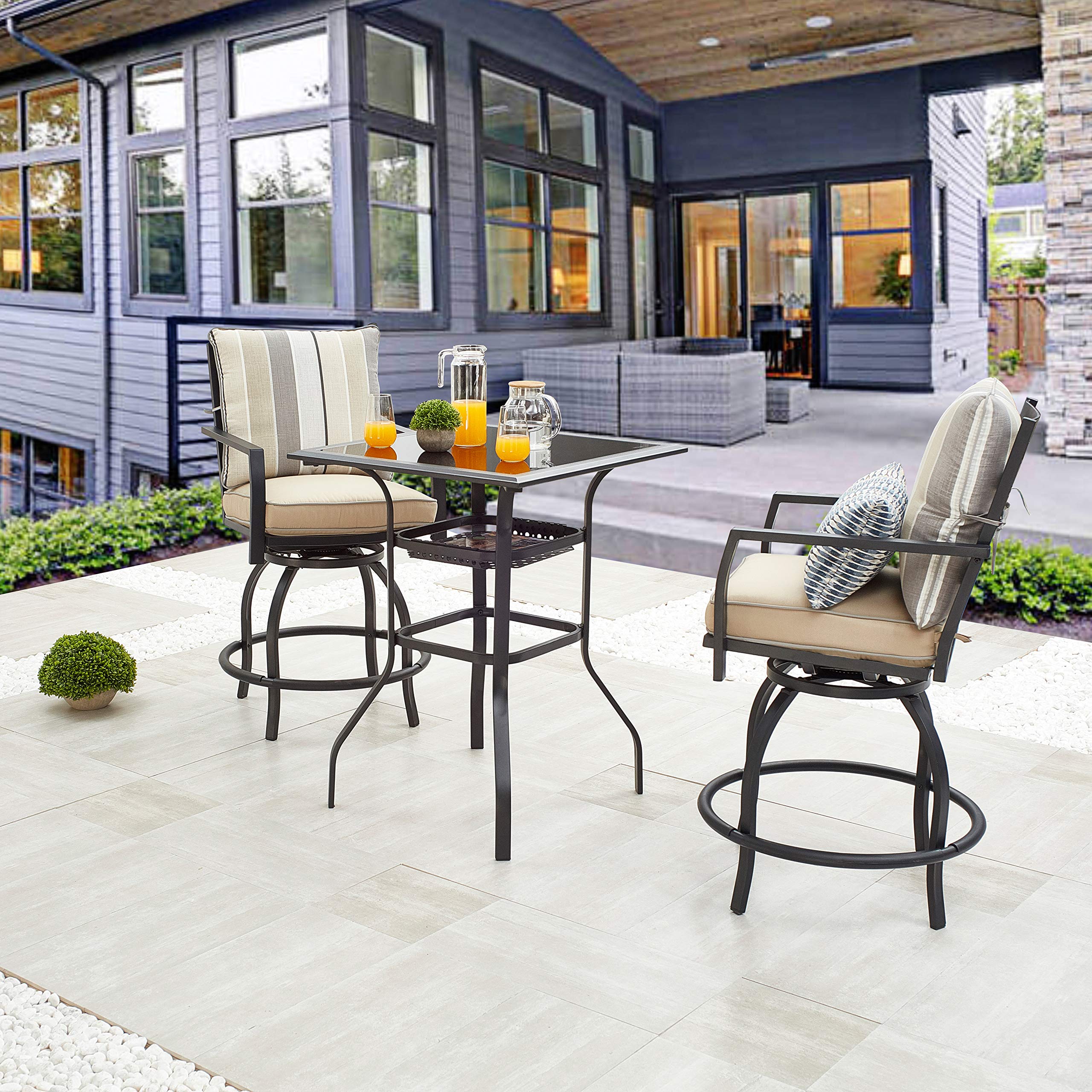 LOKATSE HOME 3-Piece Outdoor Patio Bistro Set with Swivel Bar Stools & Glass Top Table - White Cushioned Seating for Garden, Balcony or Poolside Relaxation