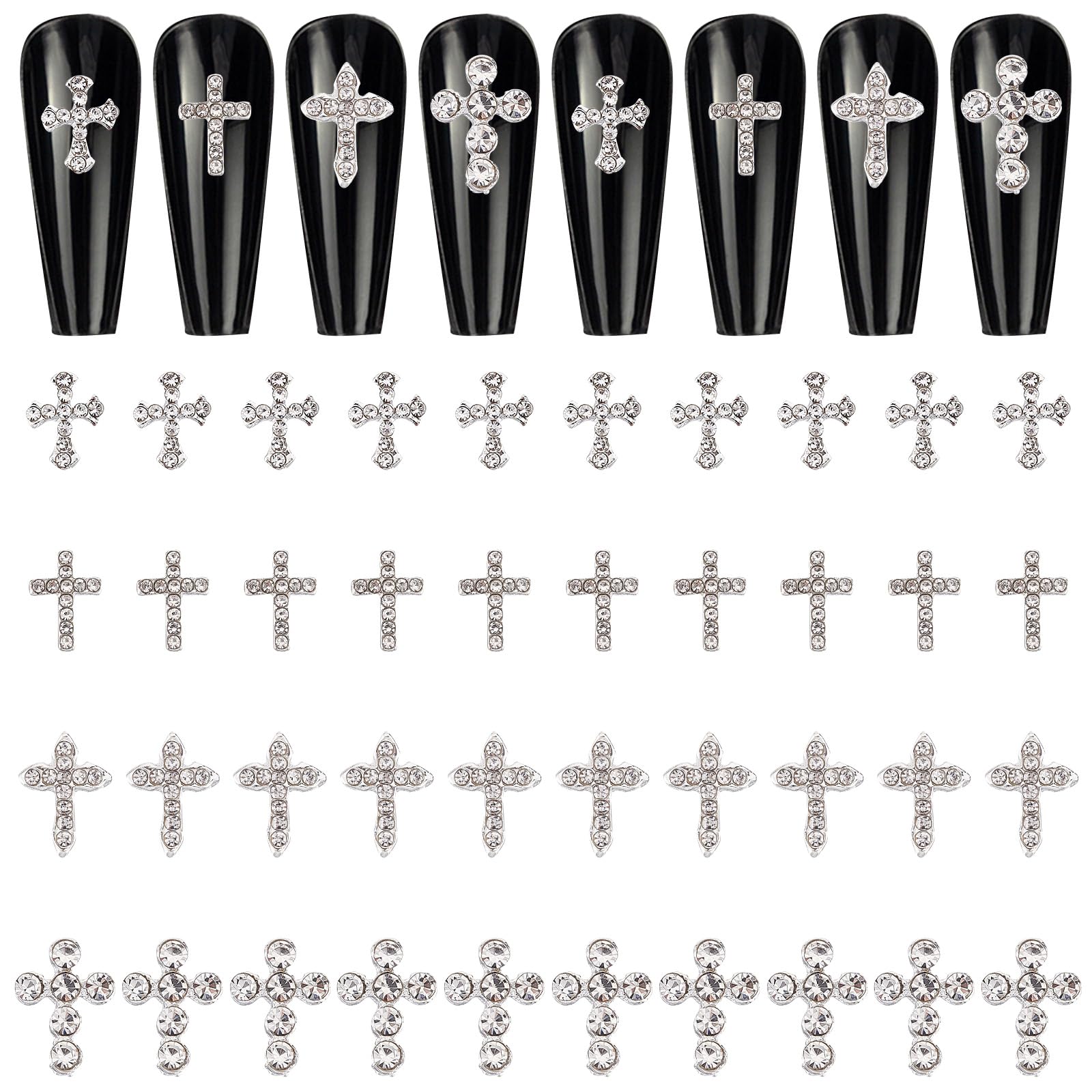 CRASPIRE 40pcs Cross Nail Charms - 4 Styles Rhinestone Cross Charms, 3D Luxury Flat Back Diamond Crystal Nail Art Decorations - Perfect for DIY Nails, Jewelry Making, and Party Glam Looks