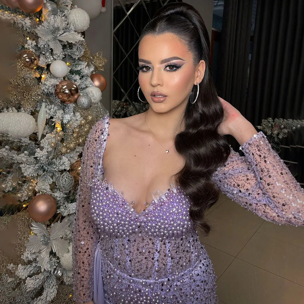 Serene Hill Purple Mermaid Elegant Evening Dress with Overskirt & Luxury Pearl Beading - Women's Formal Gown for Wedding, Party & Special Occasions - LA72429