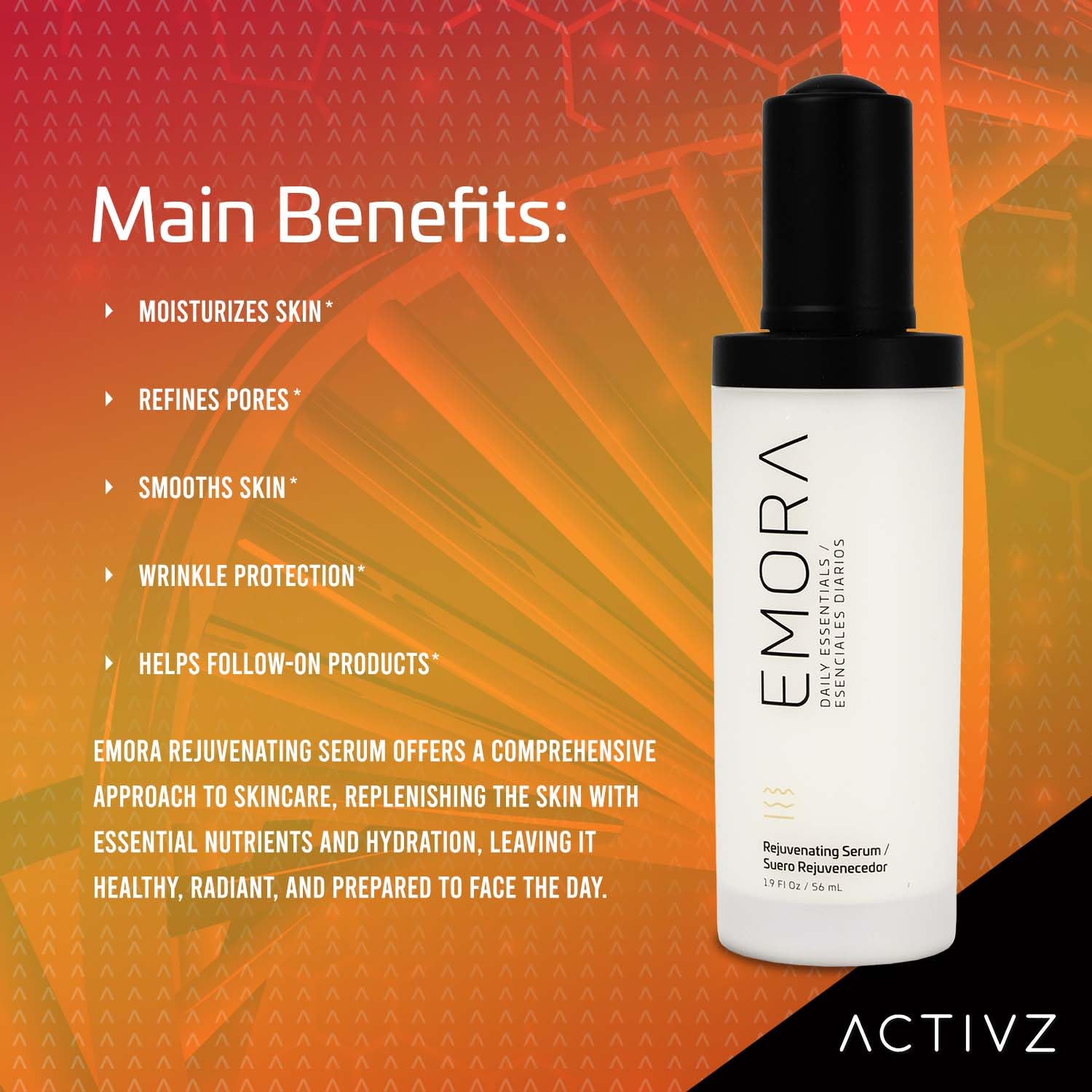 ACTIVZ Emora Rejuvenating Face Serum - Anti-Aging Skin Care with Saccharomyces Ferment, Rosehip Oil, Niacinamide, Green Tea & Vitamin E - Hydrates & Brightens Skin - 1.9oz/56ml - Perfect for Daily Skincare Routine & Nighttime Regimen