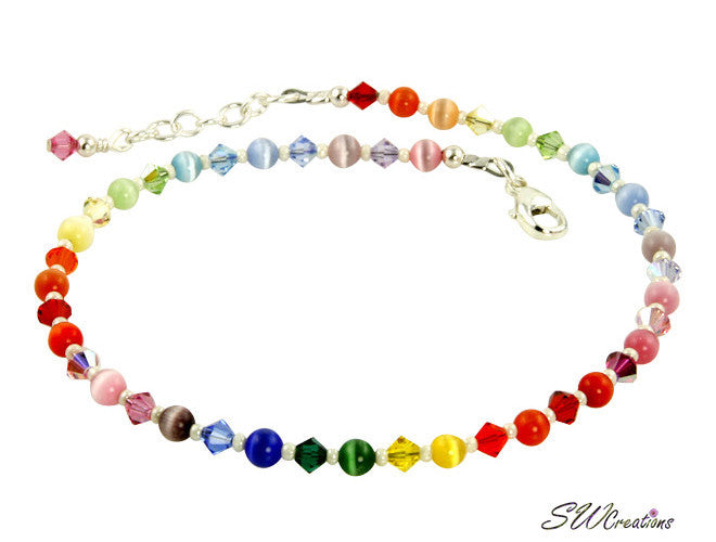 Rainbow Crystal Cat's Eye Beaded Anklet for Women - Elegant Adjustable Ankle Bracelet for Summer, Beach, Boho Fashion & Party Accessories