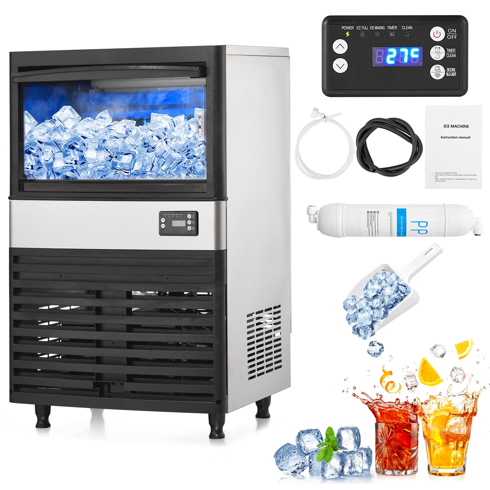 Commercial Ice Maker Machine 130Lbs/24H with 27Lbs Storage Bin - 0.9 Inch Thick Ice Cube Maker with Auto Cleaning - Perfect for Home Bars, Hotels, Restaurants & Outdoor Parties