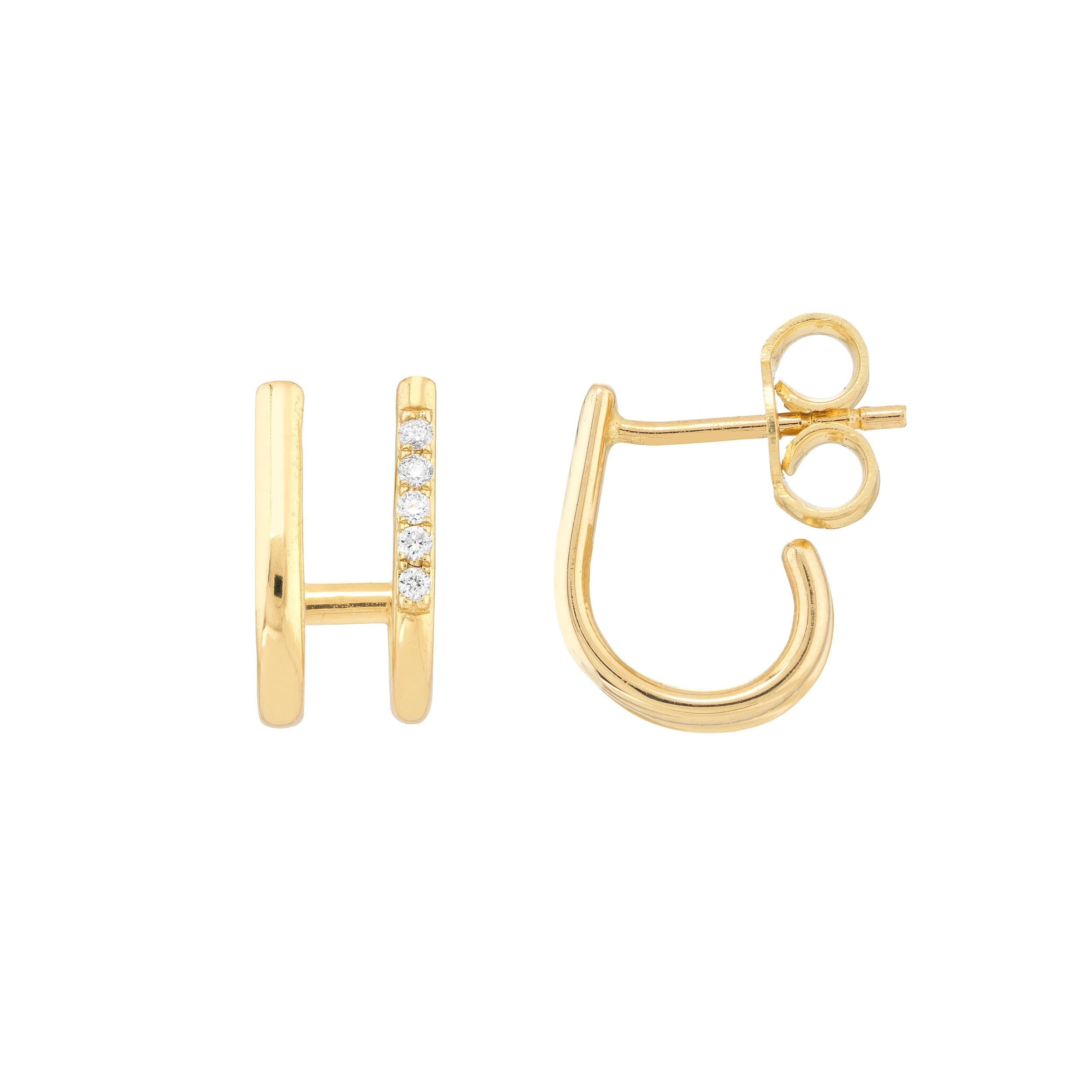 Double Diamond J Huggie Earrings - 14K Gold Hoop Earrings for Women, Minimalist Dainty Everyday Jewelry - Perfect for Gifts, Parties & Special Occasions