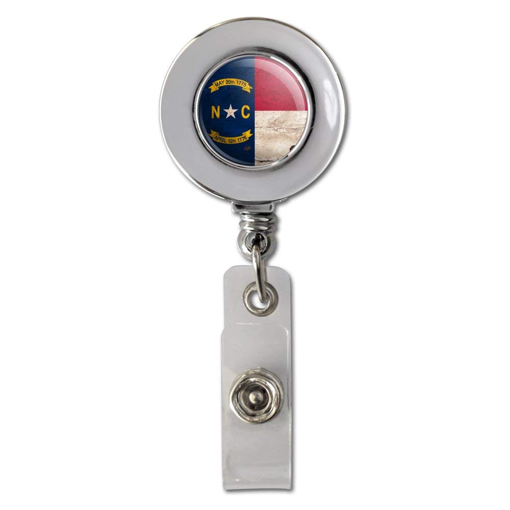 Vintage Distressed North Carolina State Flag Retractable ID Badge Reel - Chrome Clip for Work, School, or Events | USA-Made Card Holder for Nurses, Teachers & Security