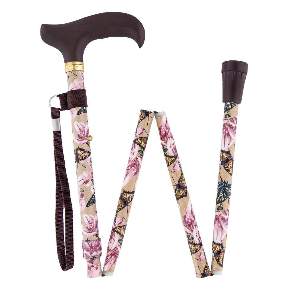 Elegant Adjustable Folding Cane for Women - Lightweight Derby Walking Stick with Lily & Butterfly Design, Perfect for Travel, Hiking & Fashion Accessory