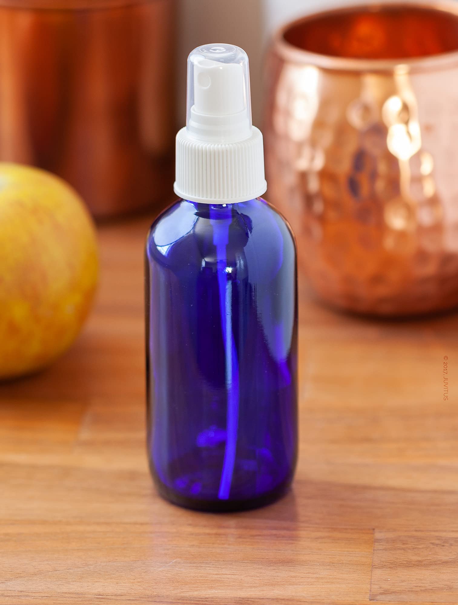 JUVITUS 4 oz Cobalt Blue Glass Boston Round Bottle with White Fine Mist Spray (12 Pack) + Funnel - Perfect for Essential Oils, Perfumes, DIY Beauty & Cleaning Solutions