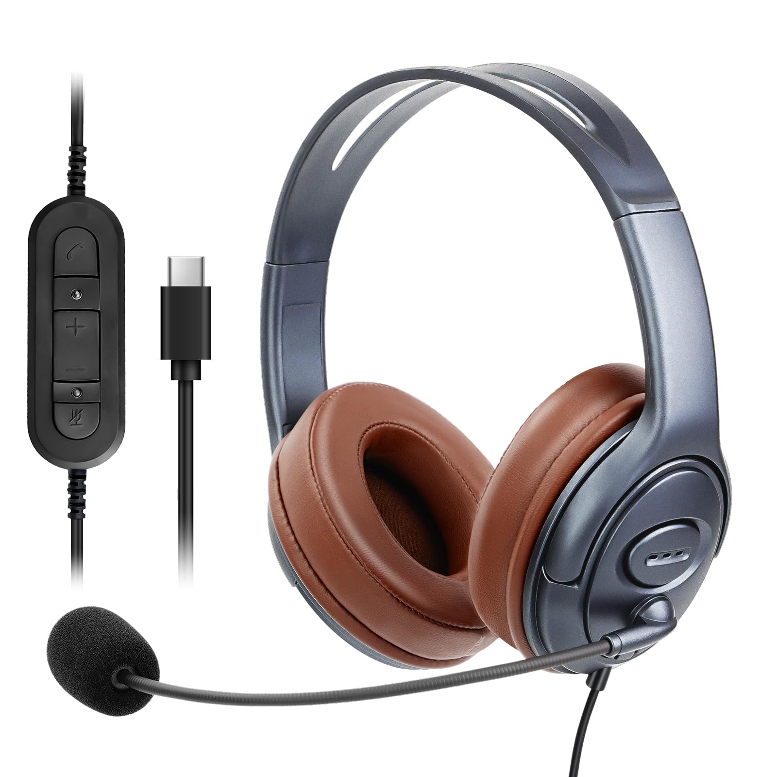 EMAIKER Gold USB Type C Headphones - Over Ear Office USB-C Headset with Noise Cancelling Mic & Volume Control - Compatible with Teams, Zoom, Google Meet, Skype - Perfect for Remote Work, Online Meetings & Dictation