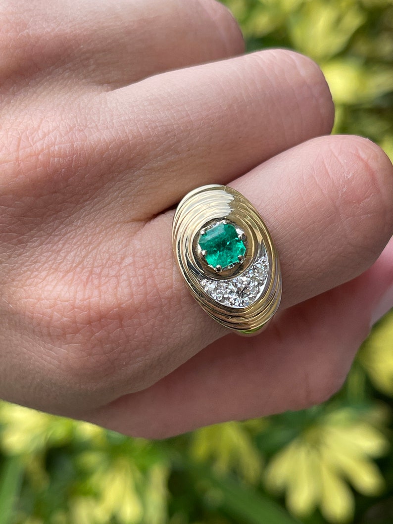 1.35tcw 14K Gold Colombian Emerald Asscher Cut Diamond Men's Ring for Wedding, Engagement & Special Occasions