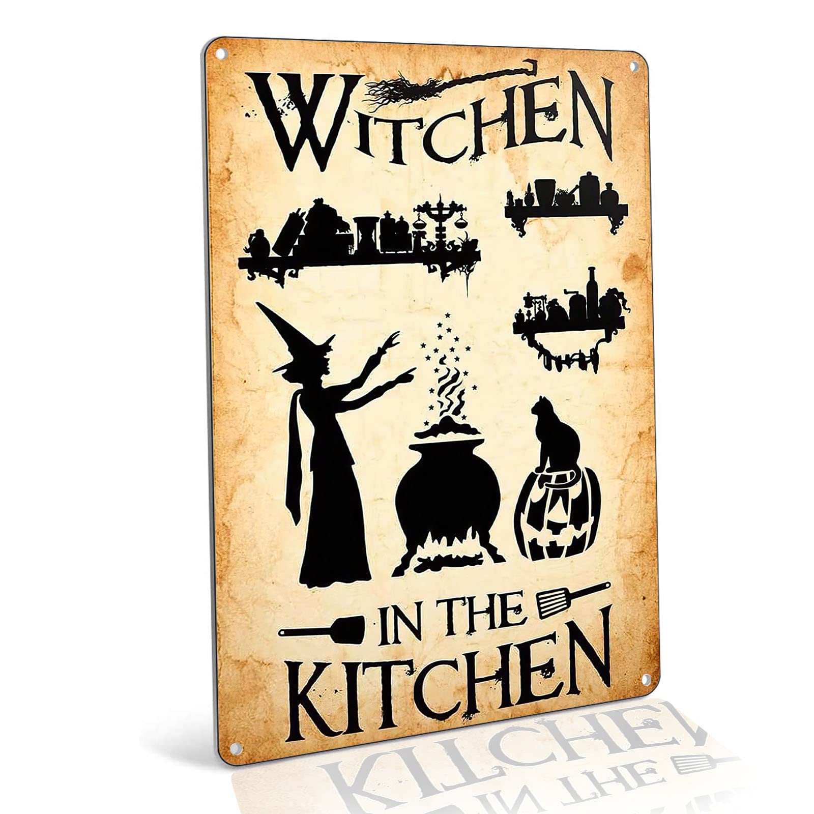 Vintage Metal Sign - 8x12 Inch Retro Kitchen Poster, Witch & Halloween Decor, Metal Art Wall Decor for Home, Bar, Coffee Shop - Indoor & Outdoor Durable Metal Poster for Themed Parties & Seasonal Displays