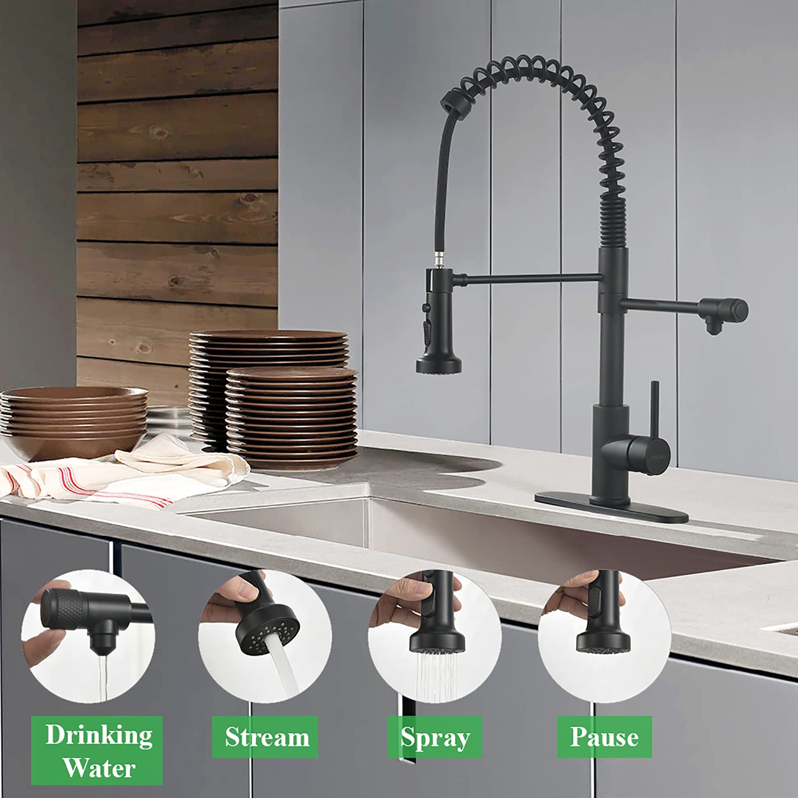 Premium Matte Black Stainless Steel Pull-Down Kitchen Faucet with Water Filtration - High Arc Bar Sink Faucet for Modern Home & Commercial Use (Model PB1030) - Perfect for Drinking Water, Cooking, and Dishwashing