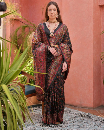 Luxury Black Pashmina Silk Saree - Elegant Soft Wrap for Women, Perfect for Weddings, Parties & Special Occasions