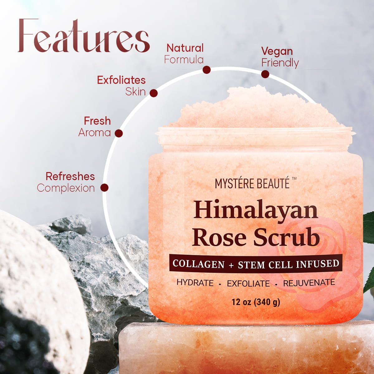 Himalayan Salt Body Scrub 12 oz - Collagen & Stem Cell Enriched Exfoliator for Cellulite, Acne & Scars - Deep Cleansing & Moisturizing Skin Treatment - Perfect for Spa Days & At-Home Self Care Routines