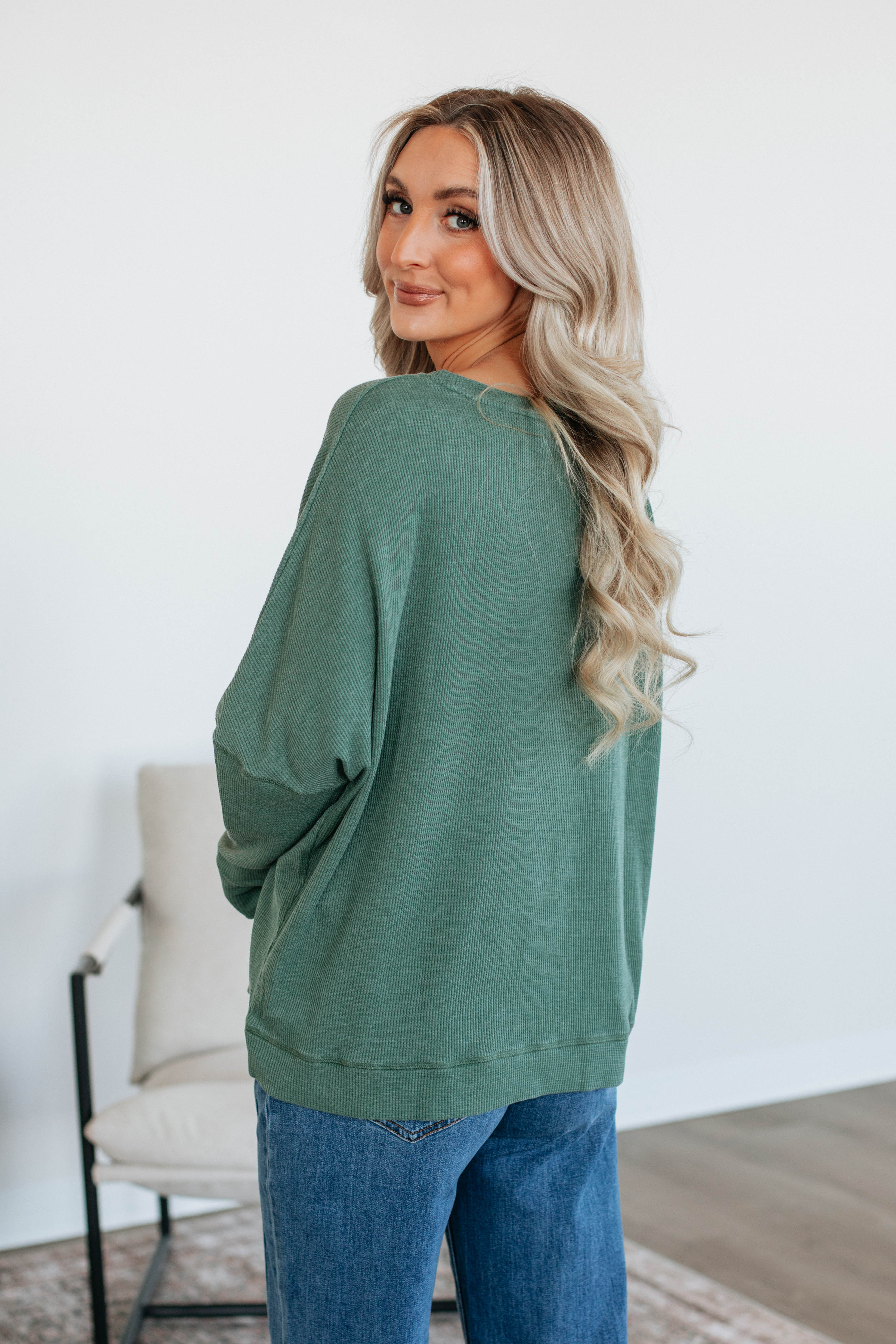 Breathable Waffle Knit Top for Women - Soft Basil Green Long Sleeve Shirt | Perfect for Layering, Casual Outfits & Fall Fashion