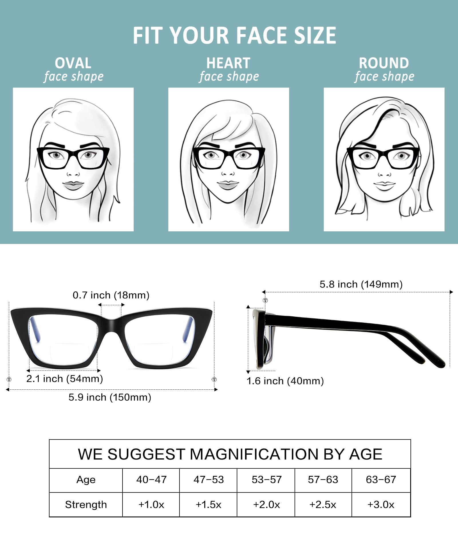 Bifocal Reading Glasses for Women - Oversized Cat Eye Blue Light Blocking Computer Glasses, Stylish Lightweight Fashion Eyewear for Reading, Office Work & Screen Time
