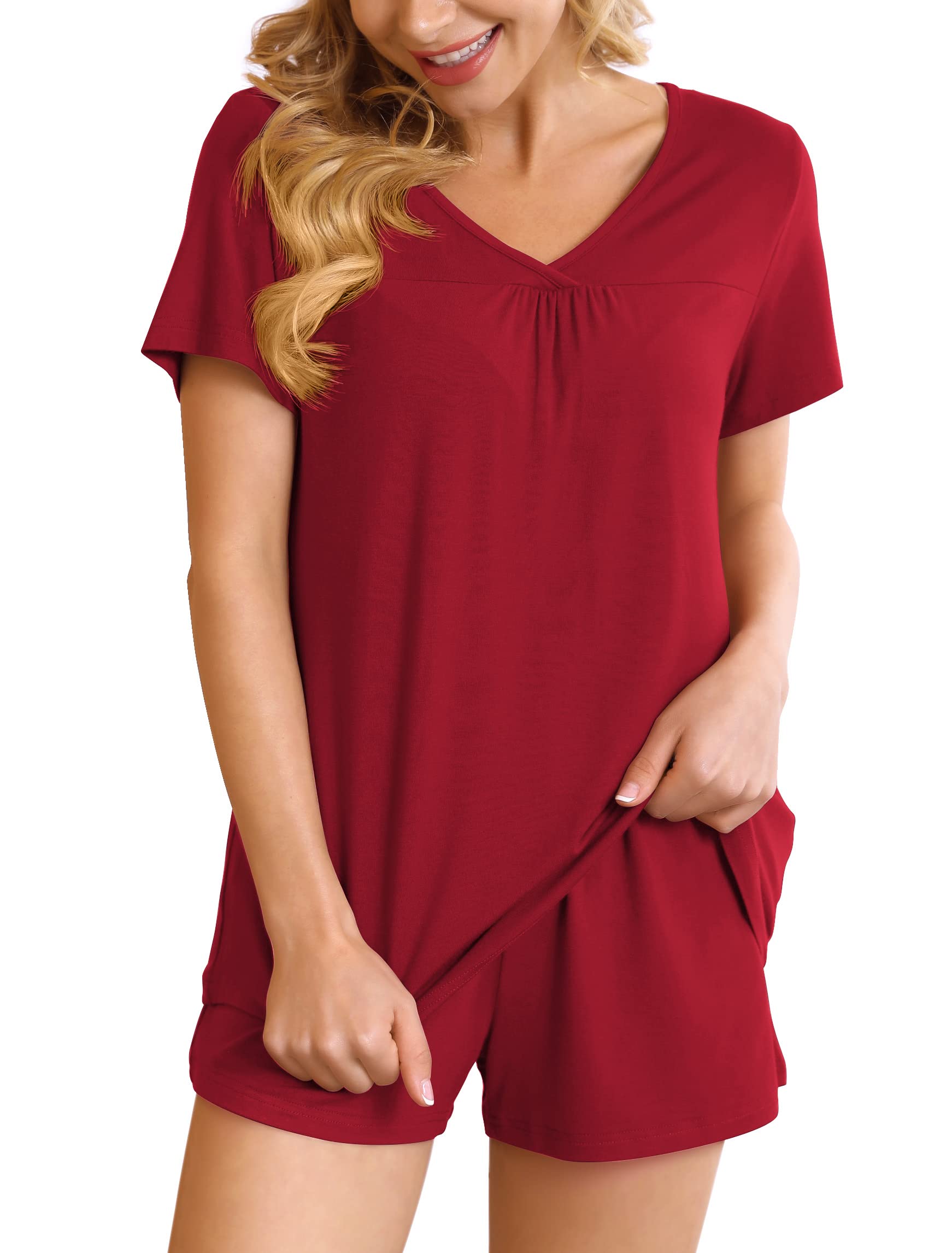 POKWAI Women's Soft Short Pajama Set - 2 Piece Sleepwear with Pockets for Lounge & Nightwear | Comfortable PJs for Summer, Travel & Relaxation at Home