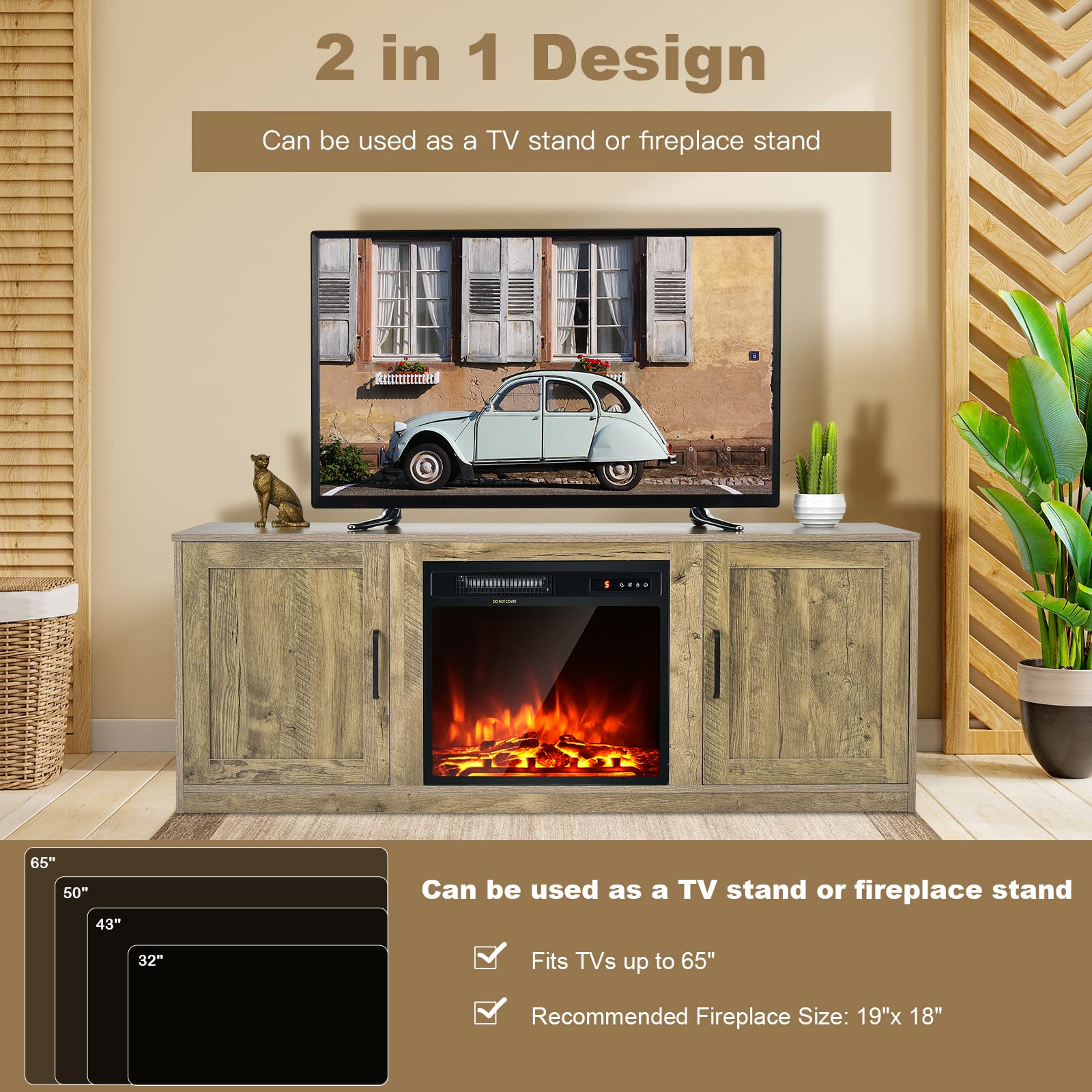 Tangkula 65 Inch Farmhouse TV Stand with Double Barn Doors - Rustic Wood Media Console with Storage Cabinets & Adjustable Shelves - Perfect for Living Room Home Theater Setup