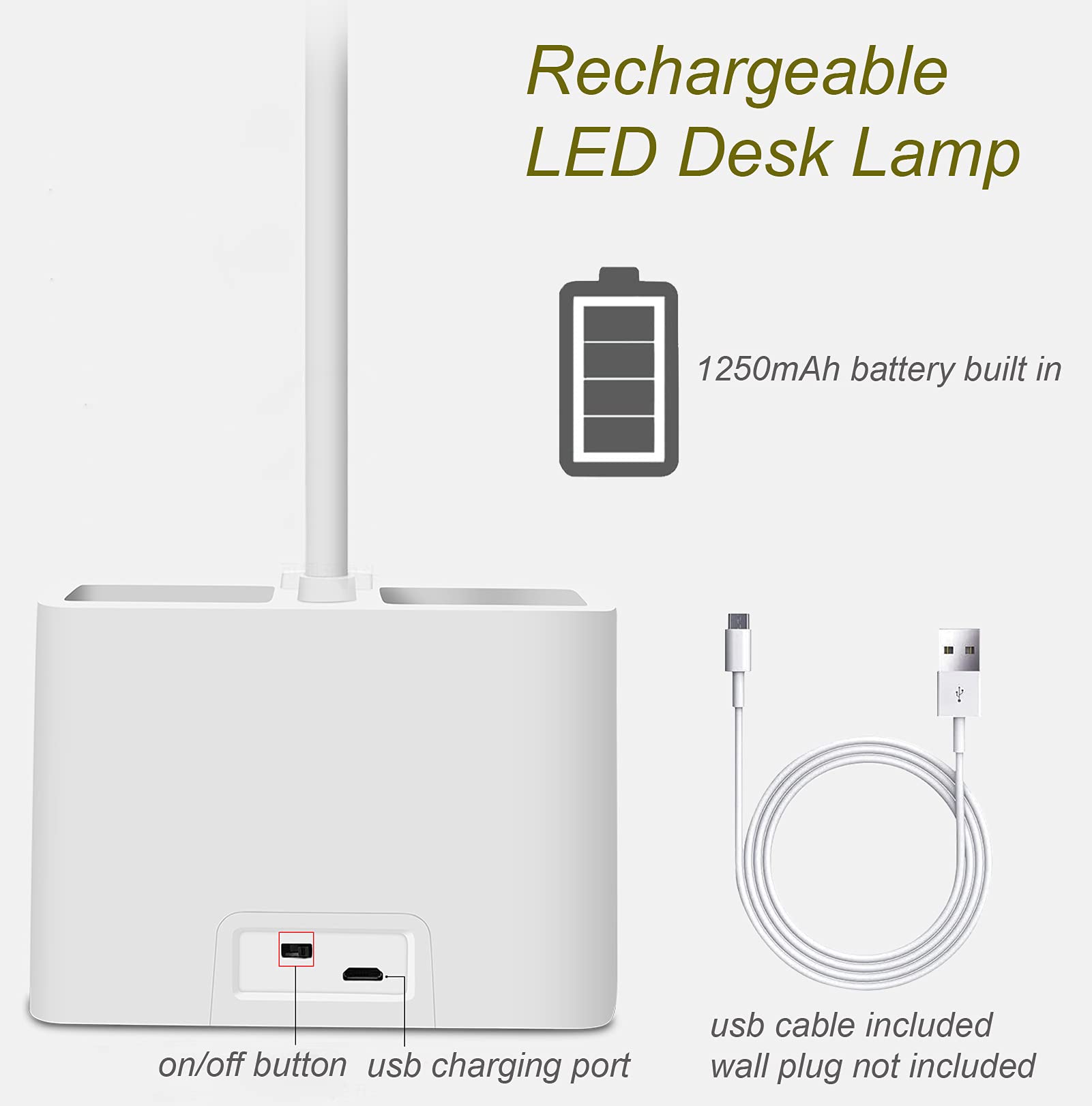 USB Rechargeable LED Desk Lamp with Flexible Gooseneck - 3 Color Modes & Stepless Dimming, Eye-Caring Study Light with Pen & Phone Holder for Home & Office - Perfect for Reading, Working, and Nighttime Studying