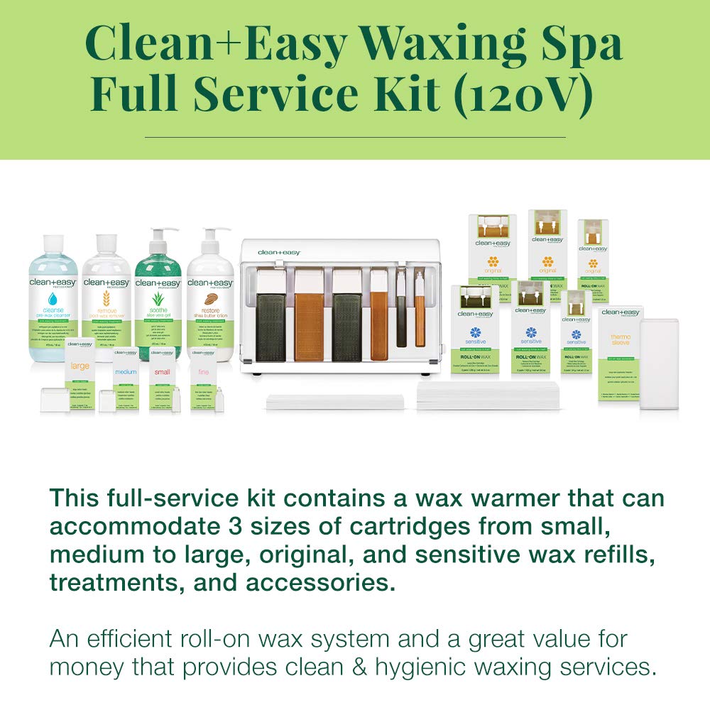 Clean + Easy Waxing Spa Full Service Kit - Roll On Warmer, Hair Removal Wax Cartridges, Pre & Post Wax Treatments, Waxing Strips & Accessories (120V) - Perfect for At-Home Salon & Professional Waxing Services
