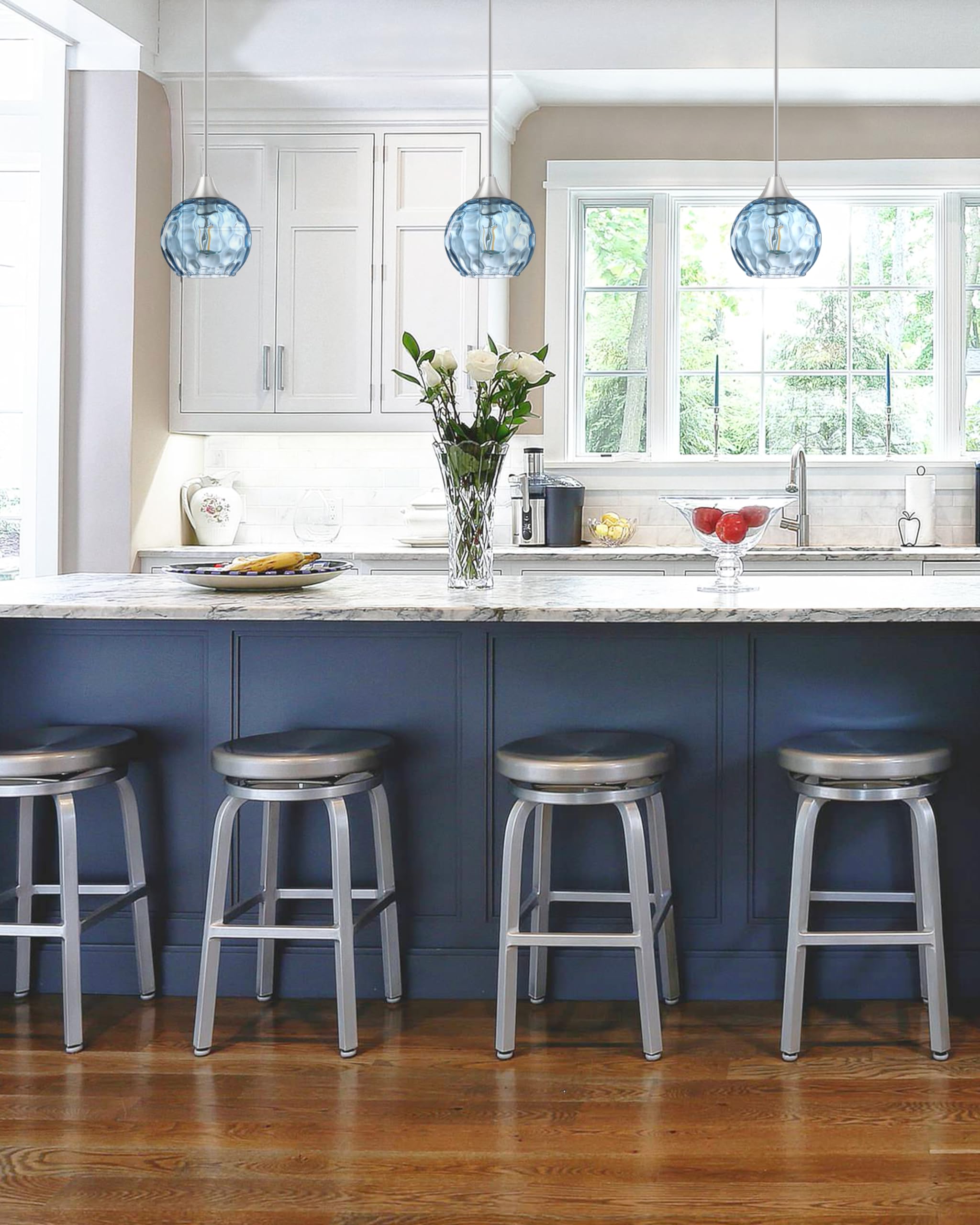 3 Pack Clear Hammer Blue Glass Pendant Lights - 6.3