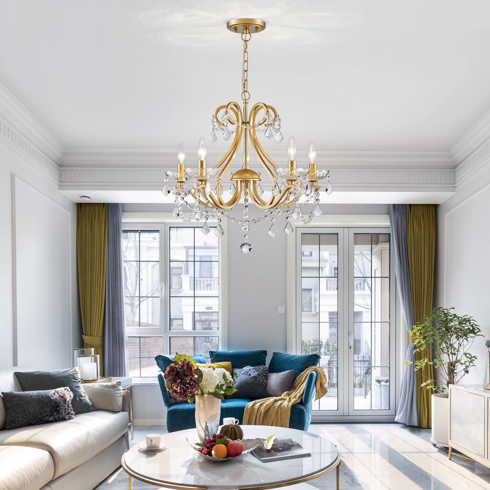 WUZUPS Modern 5-Light Crystal Chandelier Flush Mount Ceiling Light Fixture - Gold Finish, E12 Base, 20.9