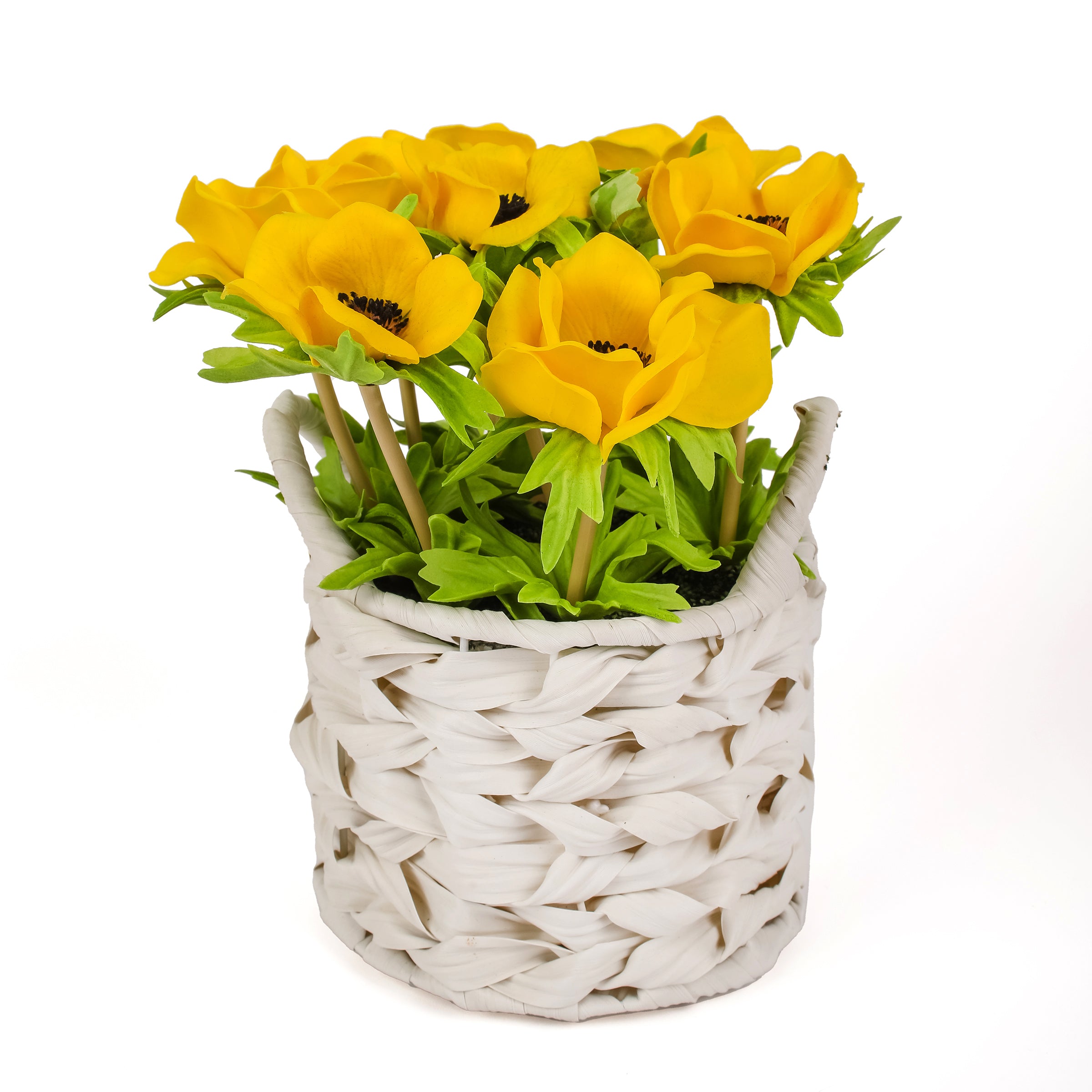 10 Inch Spring Yellow Anemone Artificial Flower Bouquet in White Woven Basket - Home Decor, Wedding Centerpiece, Table Arrangement for Living Room & Dining Room