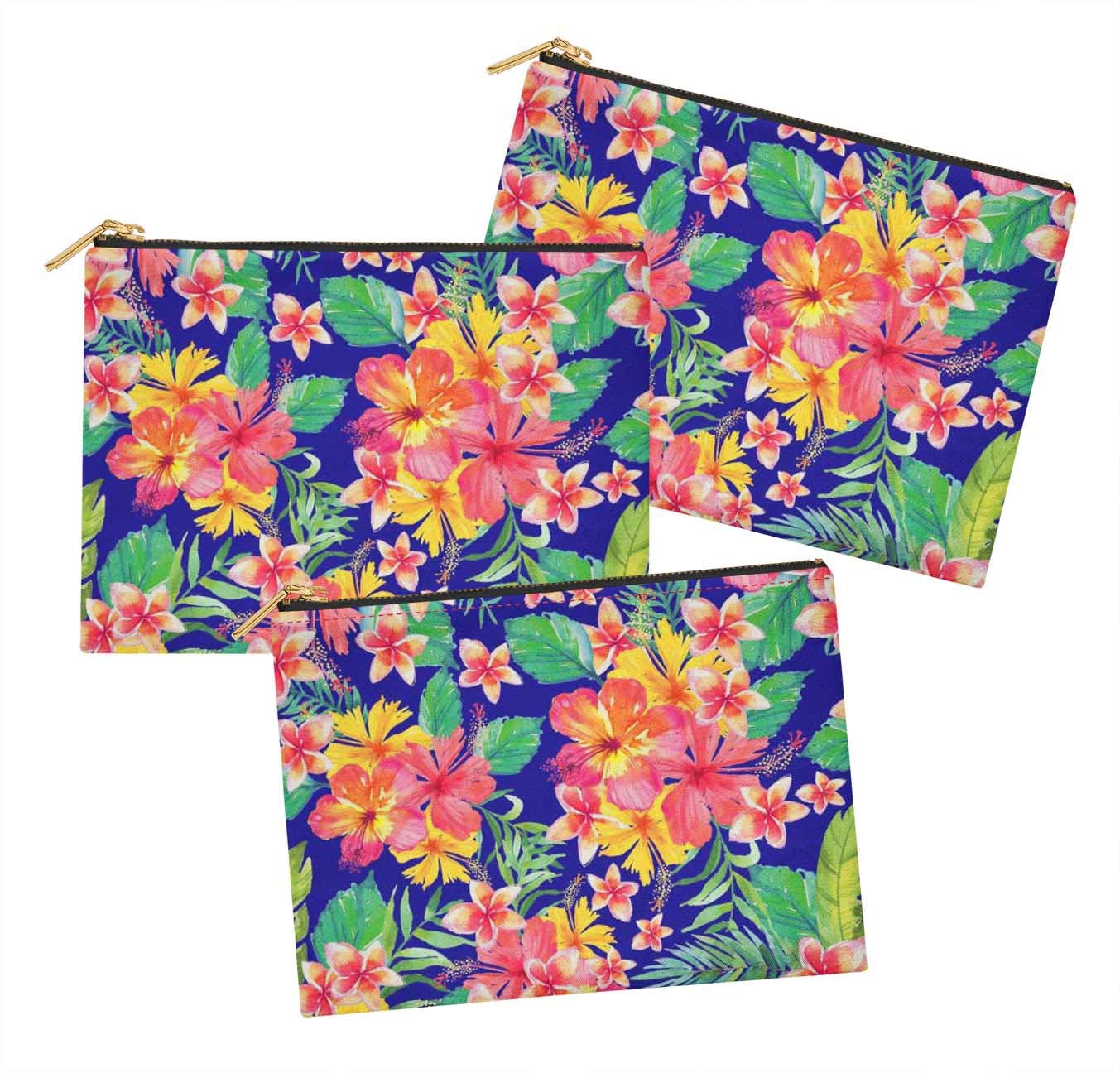 Stylish Blue Plumeria & Floral Printed Cosmetic Bag Set of 3 - 6 x 8 Inch Makeup Pouch, Coin Purse & Toiletry Organizer - Perfect for Travel, Gym & Daily Essentials Storage