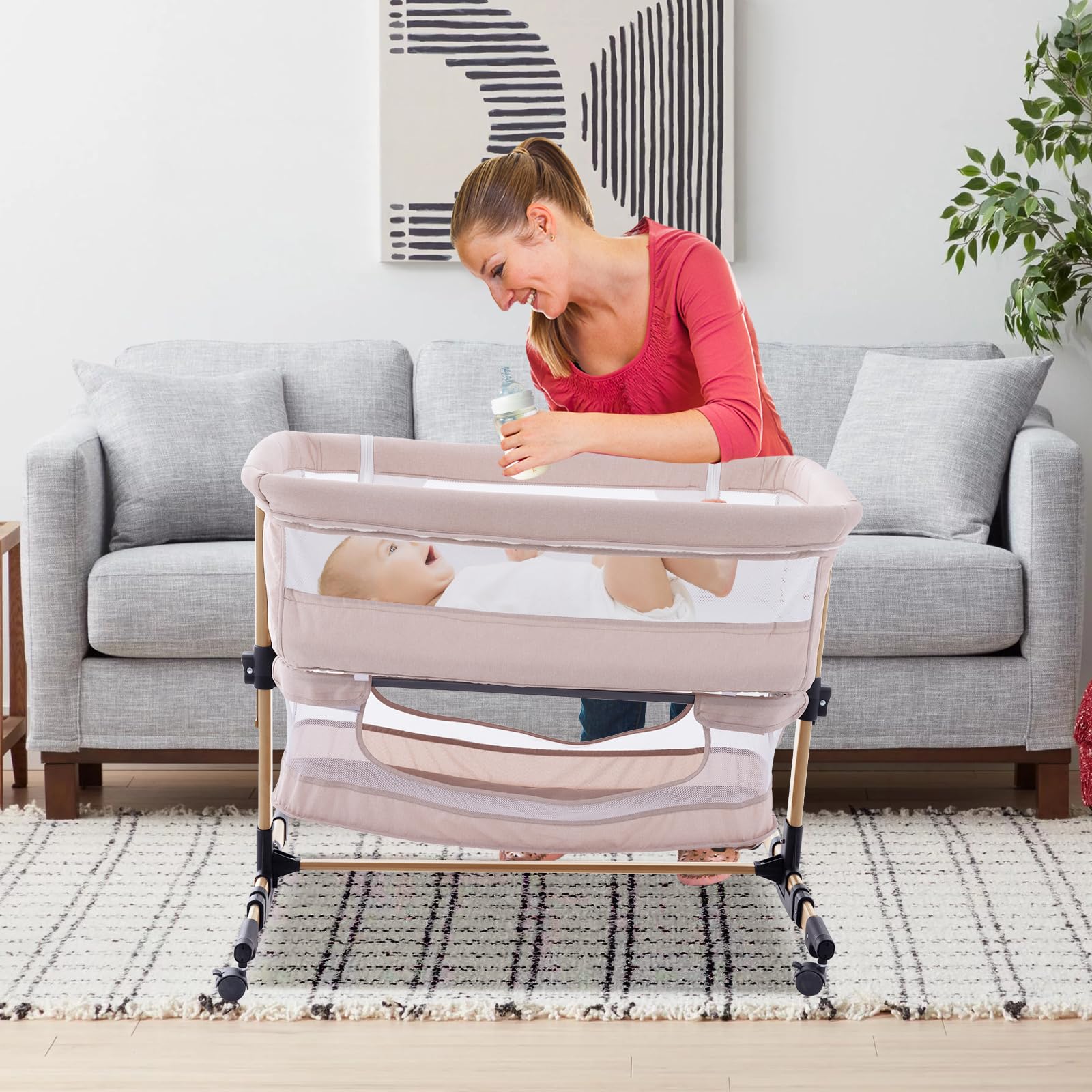 3 in 1 Adjustable Portable Baby Crib & Bassinet - Convertible Bedside Sleeper for Newborns & Infants, Light Beige | Perfect for Nursery, Bedroom & Travel Use